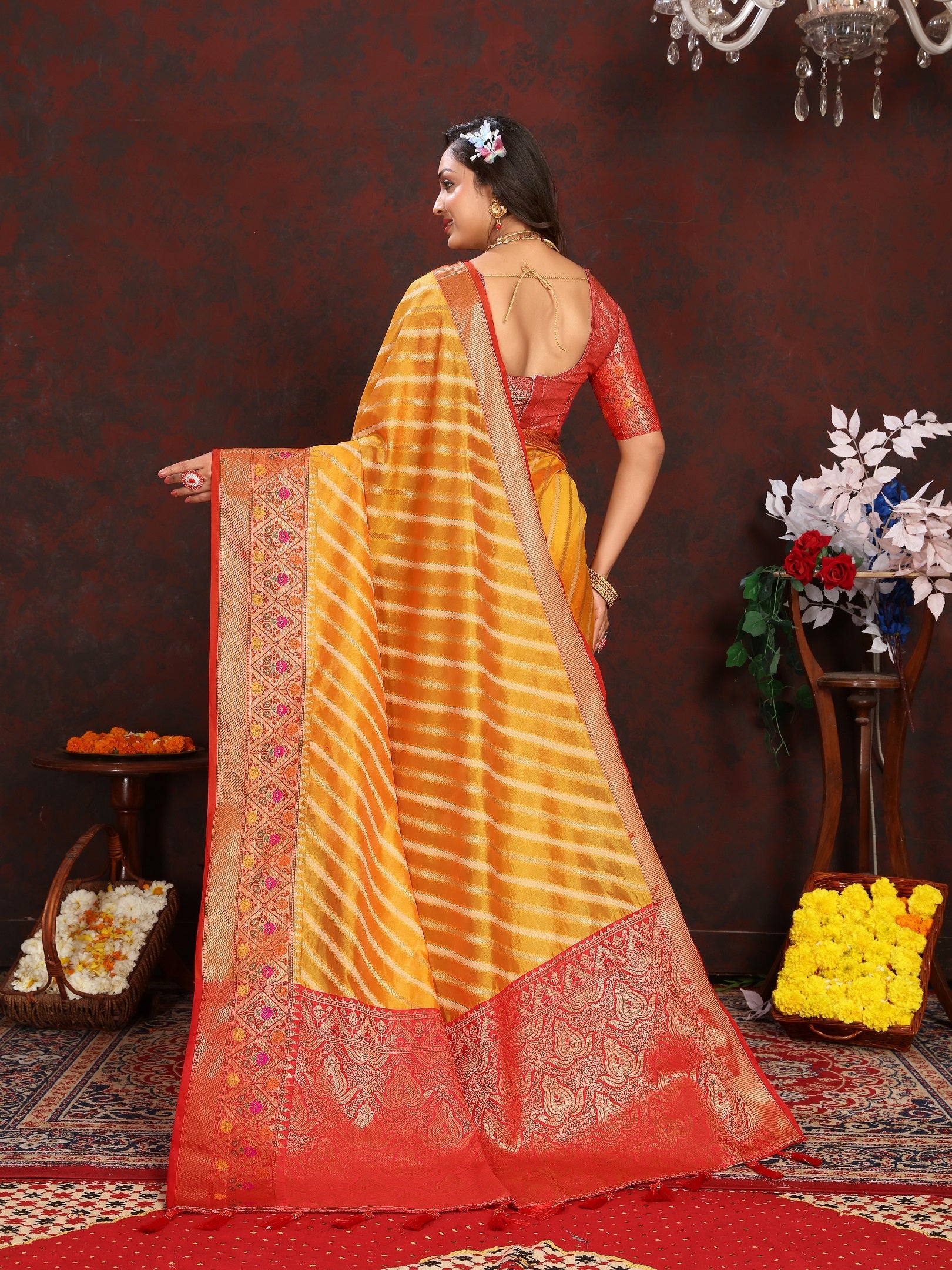 Vedant Vastram Mustard Color Kanjeevaram Organza Silk Saree - Mustard