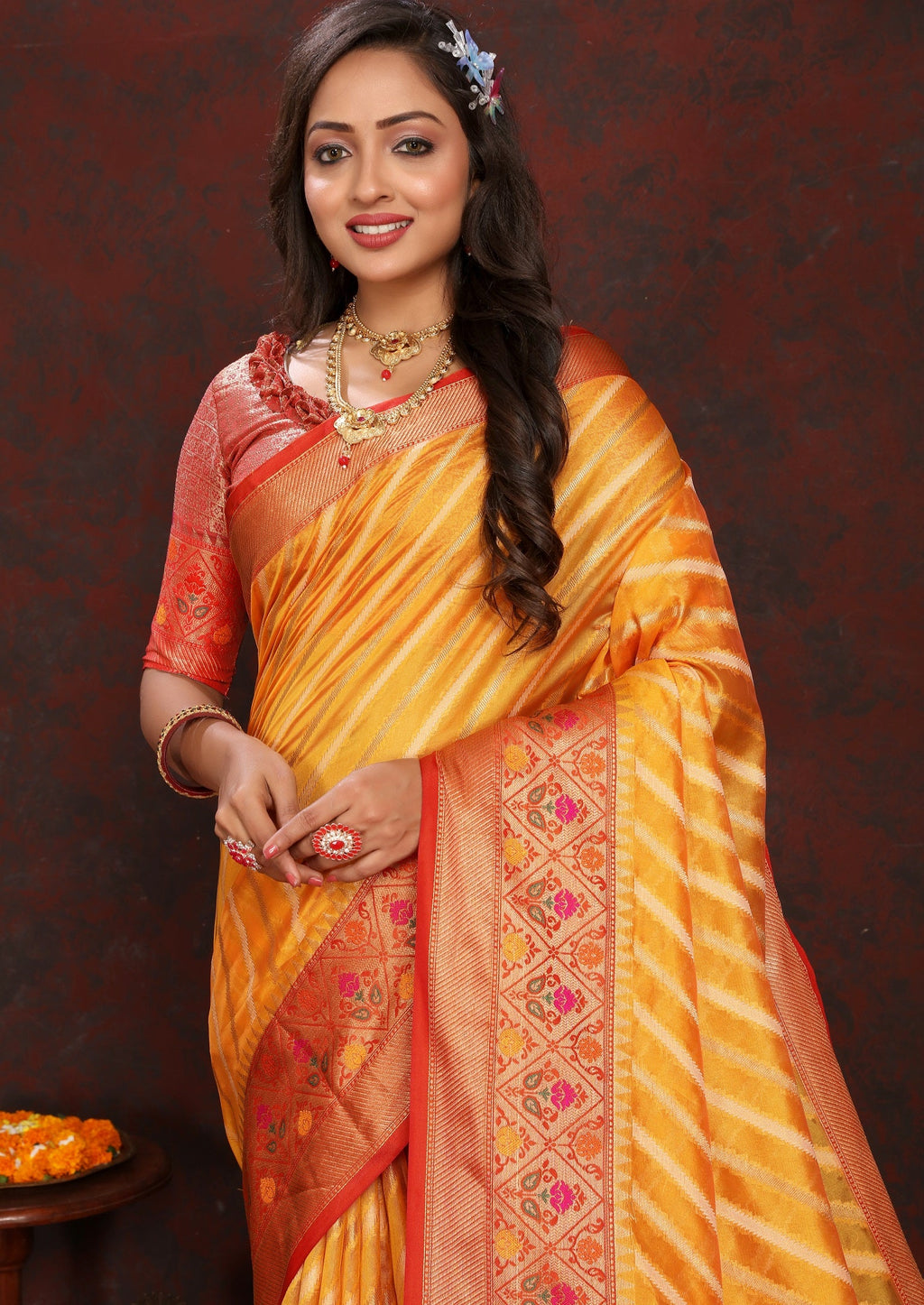 Vedant Vastram Mustard Color Kanjeevaram Organza Silk Saree - Mustard