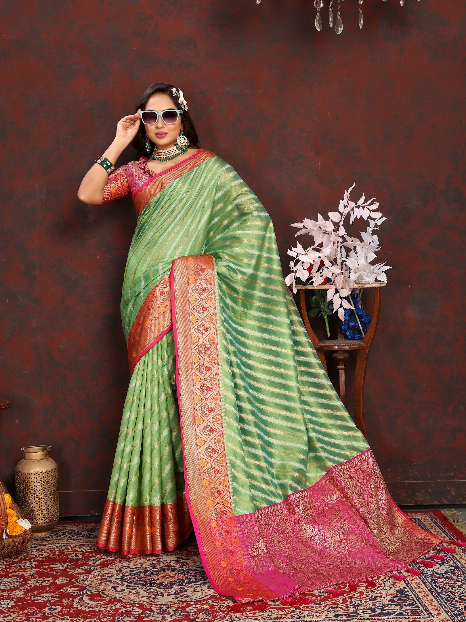 Vedant Vastram Parrot Color Kanjeevaram Organza Silk Saree - Parrot