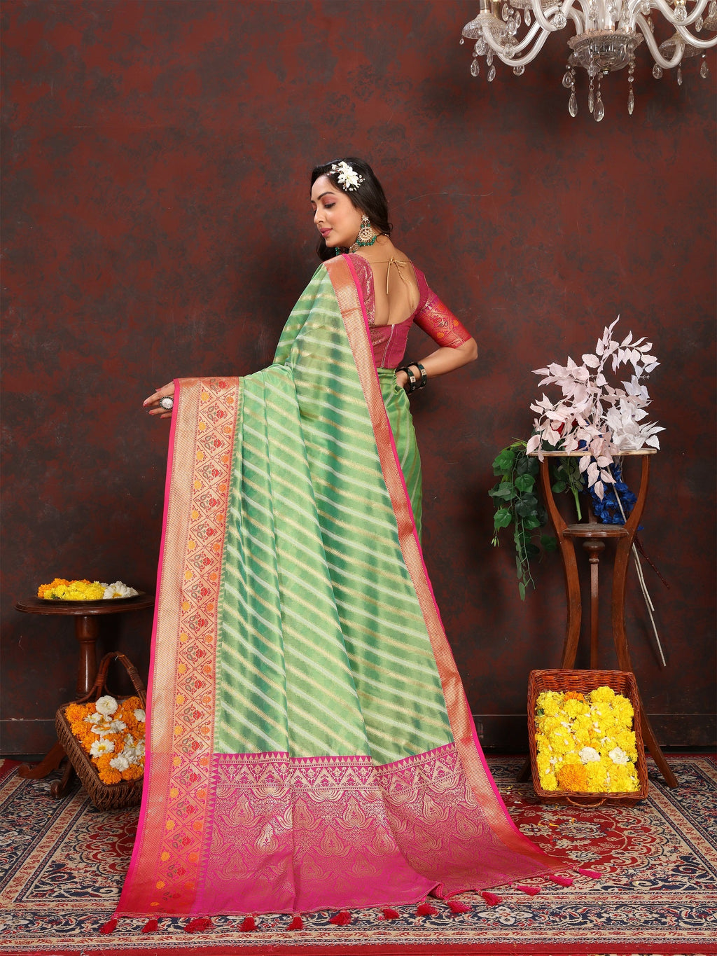 Vedant Vastram Parrot Color Kanjeevaram Organza Silk Saree - Parrot