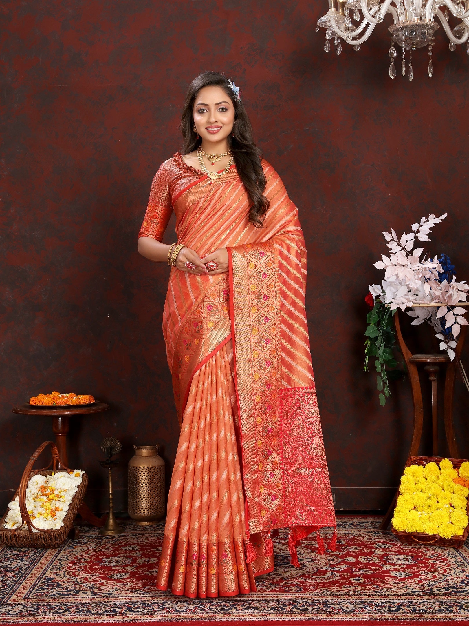 Vedant Vastram Peach Color Kanjeevaram Organza Silk Saree - Peach