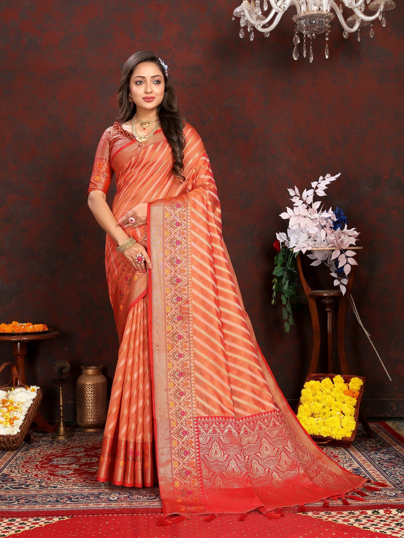 Vedant Vastram Peach Color Kanjeevaram Organza Silk Saree - Peach