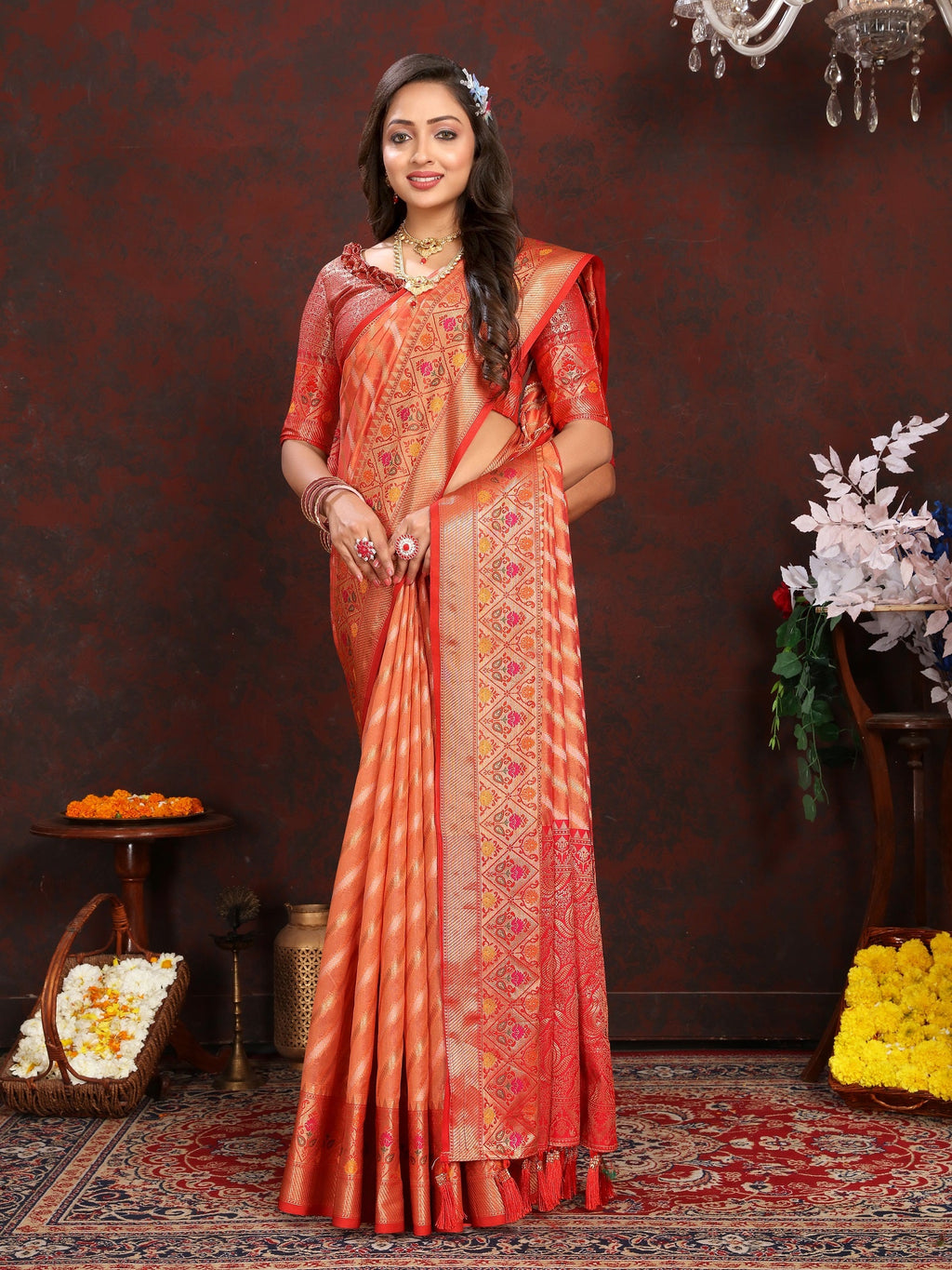 Vedant Vastram Peach Color Kanjeevaram Organza Silk Saree - Peach
