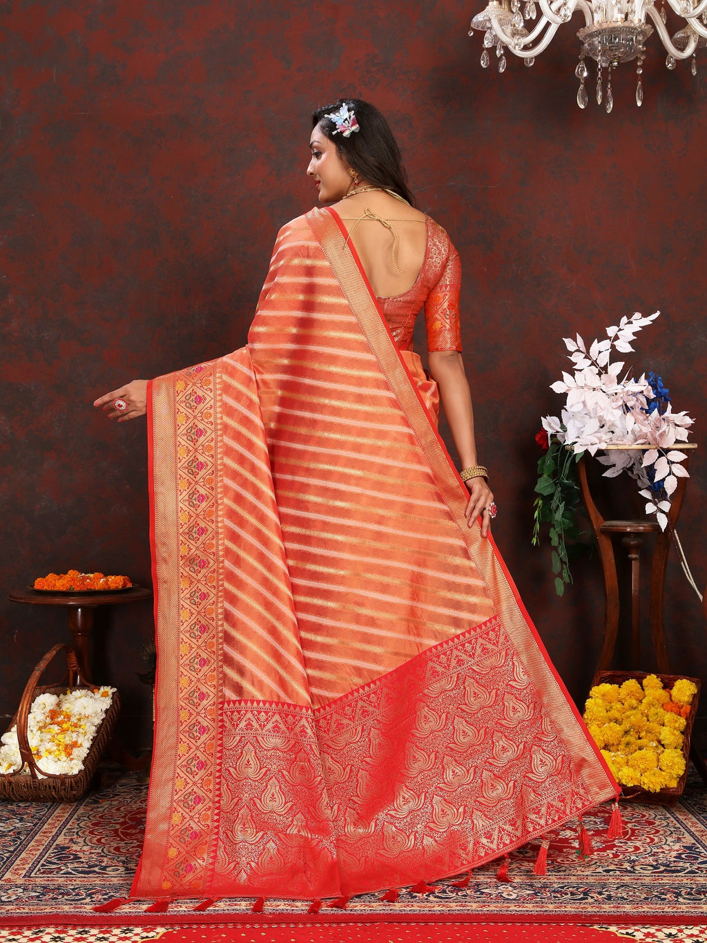 Vedant Vastram Peach Color Kanjeevaram Organza Silk Saree - Peach