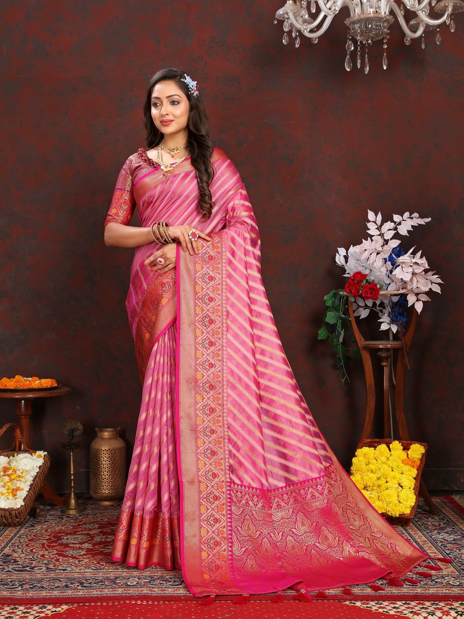 Vedant Vastram Pink Color Kanjeevaram Organza Silk Saree - Pink