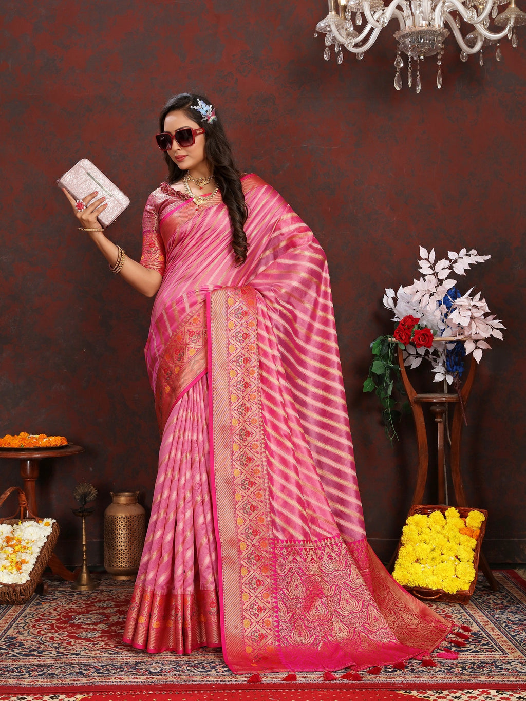 Vedant Vastram Pink Color Kanjeevaram Organza Silk Saree - Pink