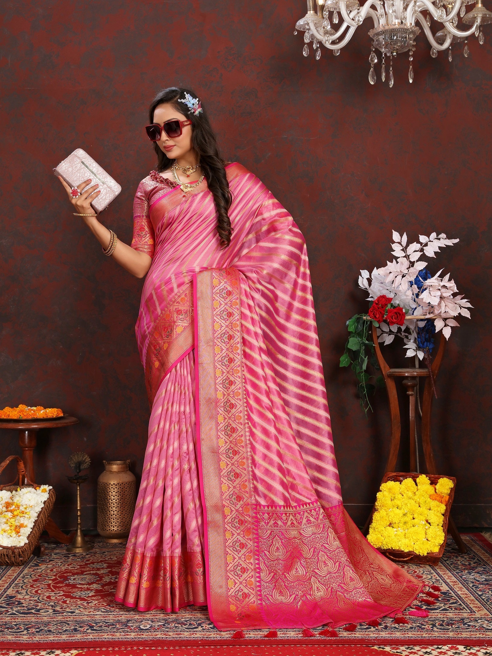 Vedant Vastram Pink Color Kanjeevaram Organza Silk Saree - Pink