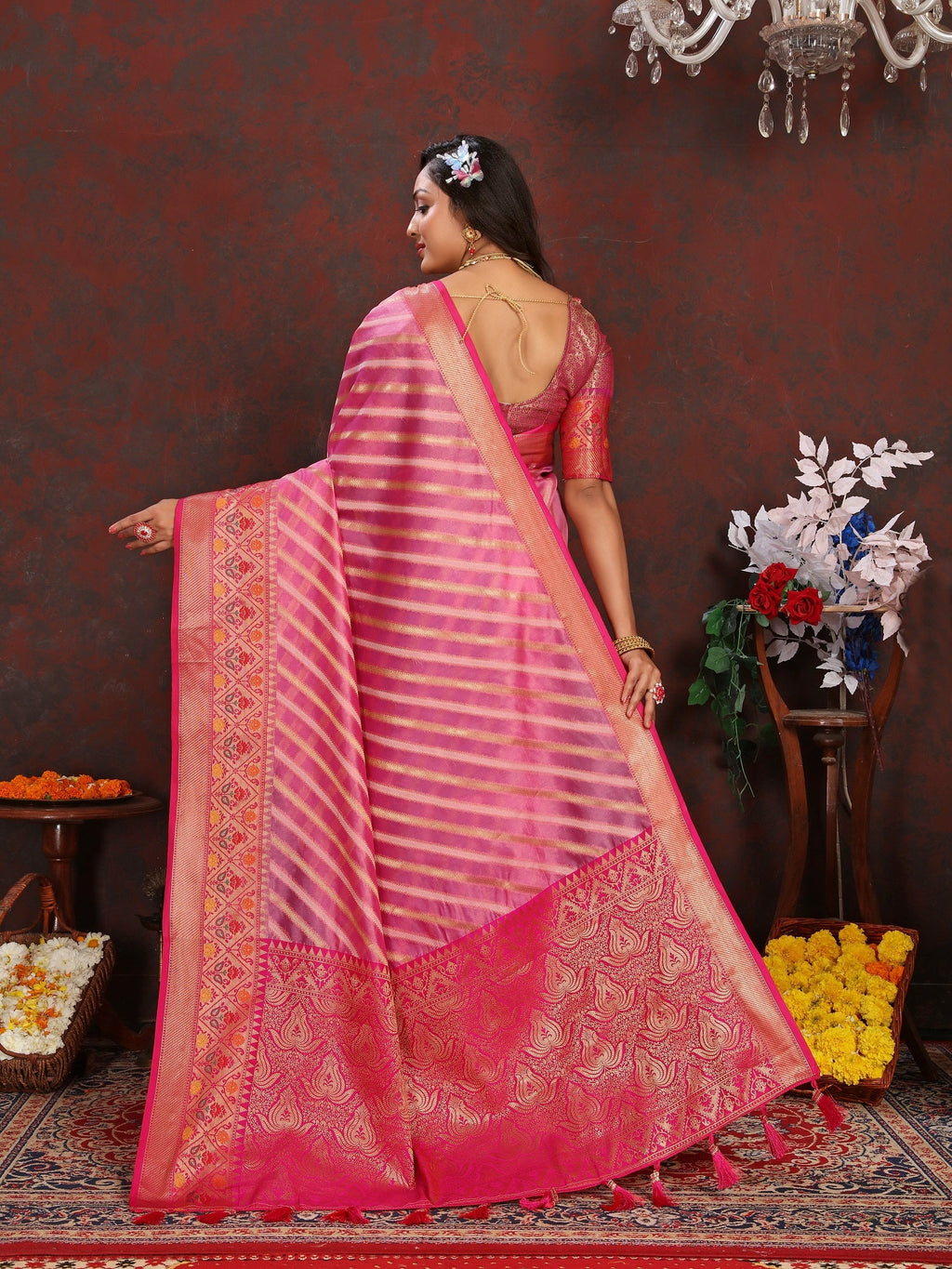 Vedant Vastram Pink Color Kanjeevaram Organza Silk Saree - Pink