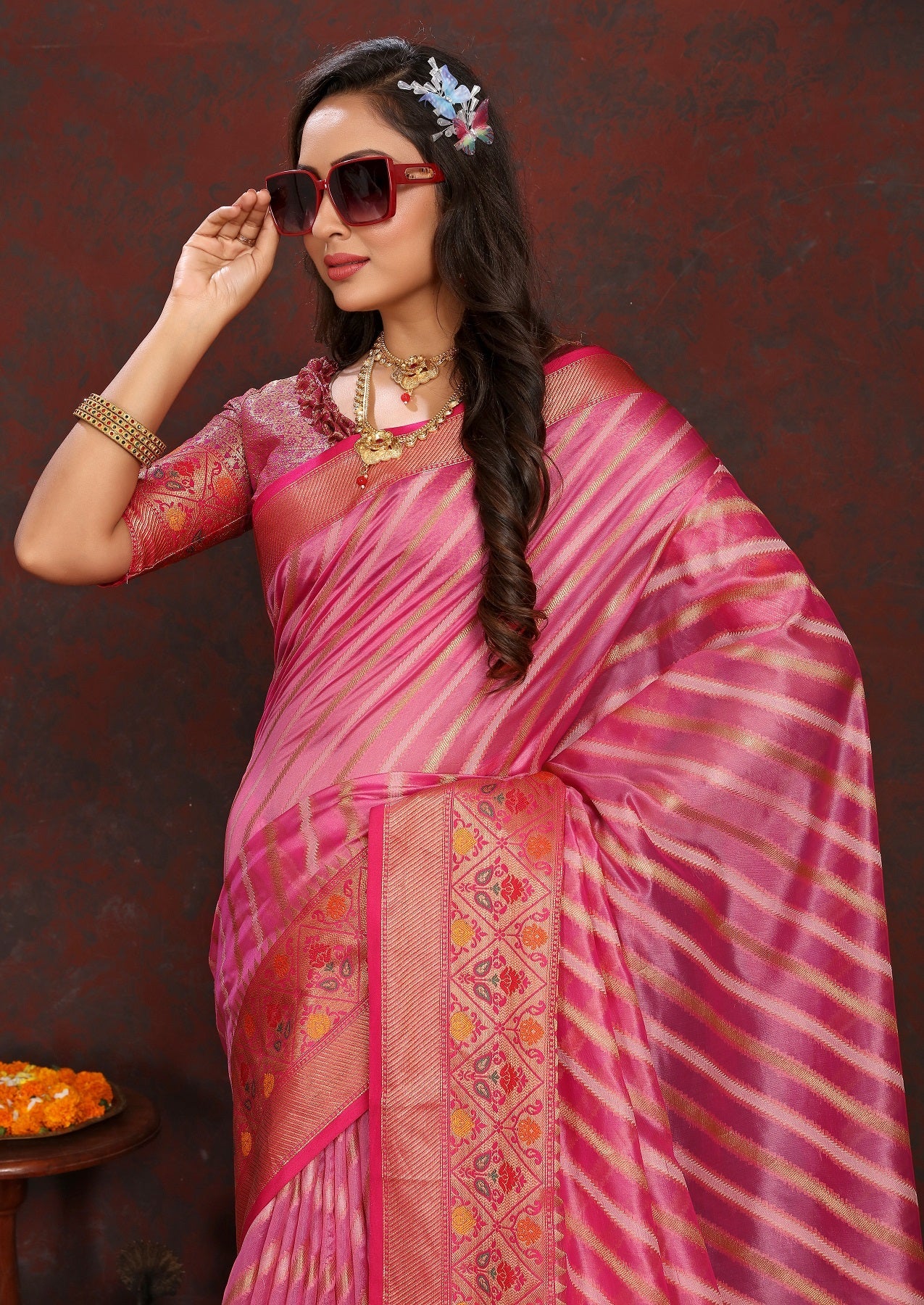 Vedant Vastram Pink Color Kanjeevaram Organza Silk Saree - Pink
