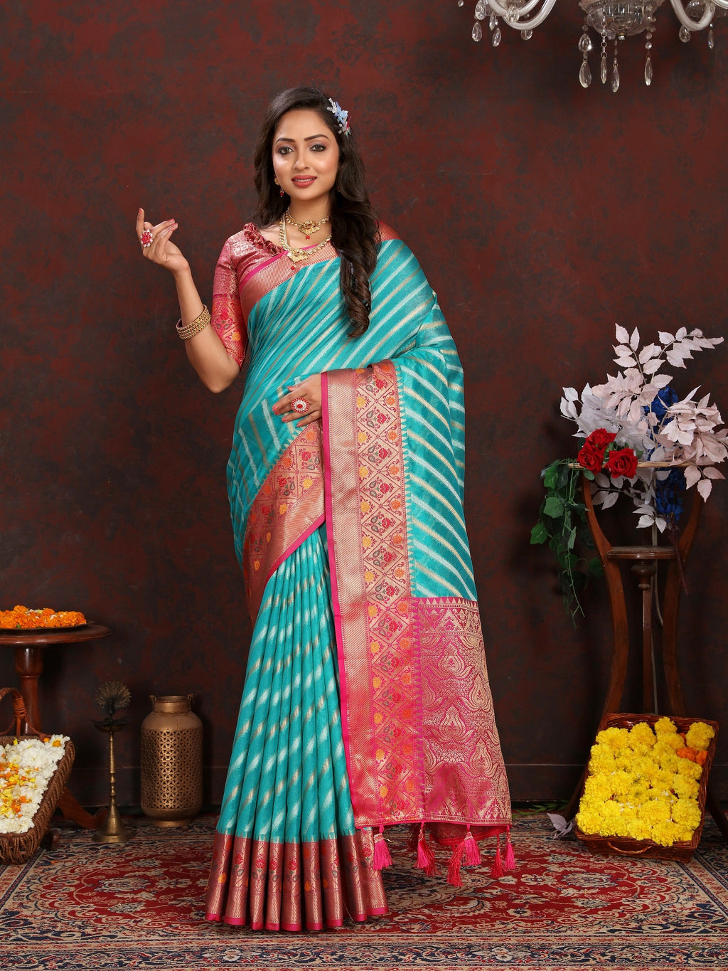 Vedant Vastram Rama Color Kanjeevaram Organza Silk Saree - Rama