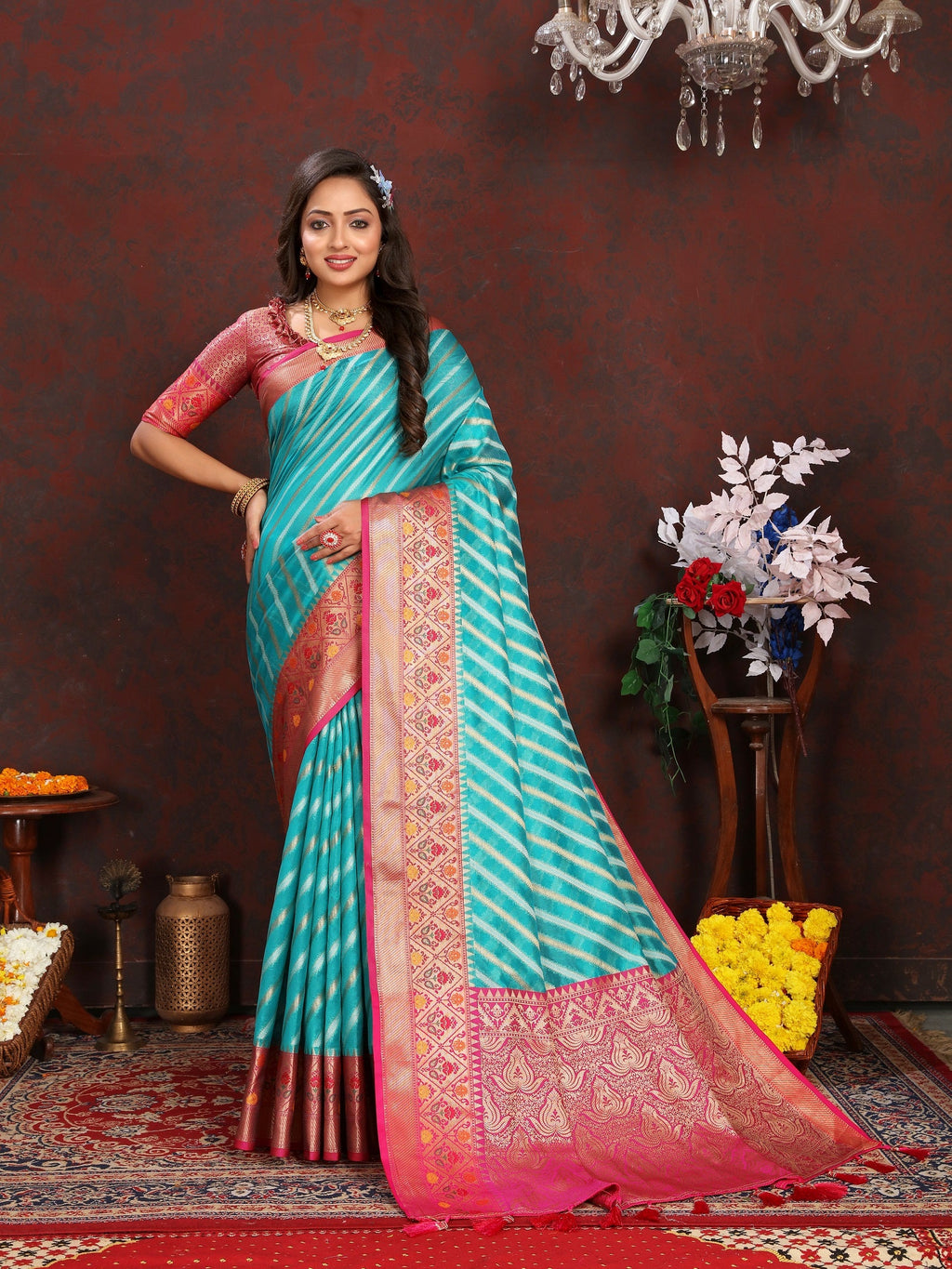 Vedant Vastram Rama Color Kanjeevaram Organza Silk Saree - Rama