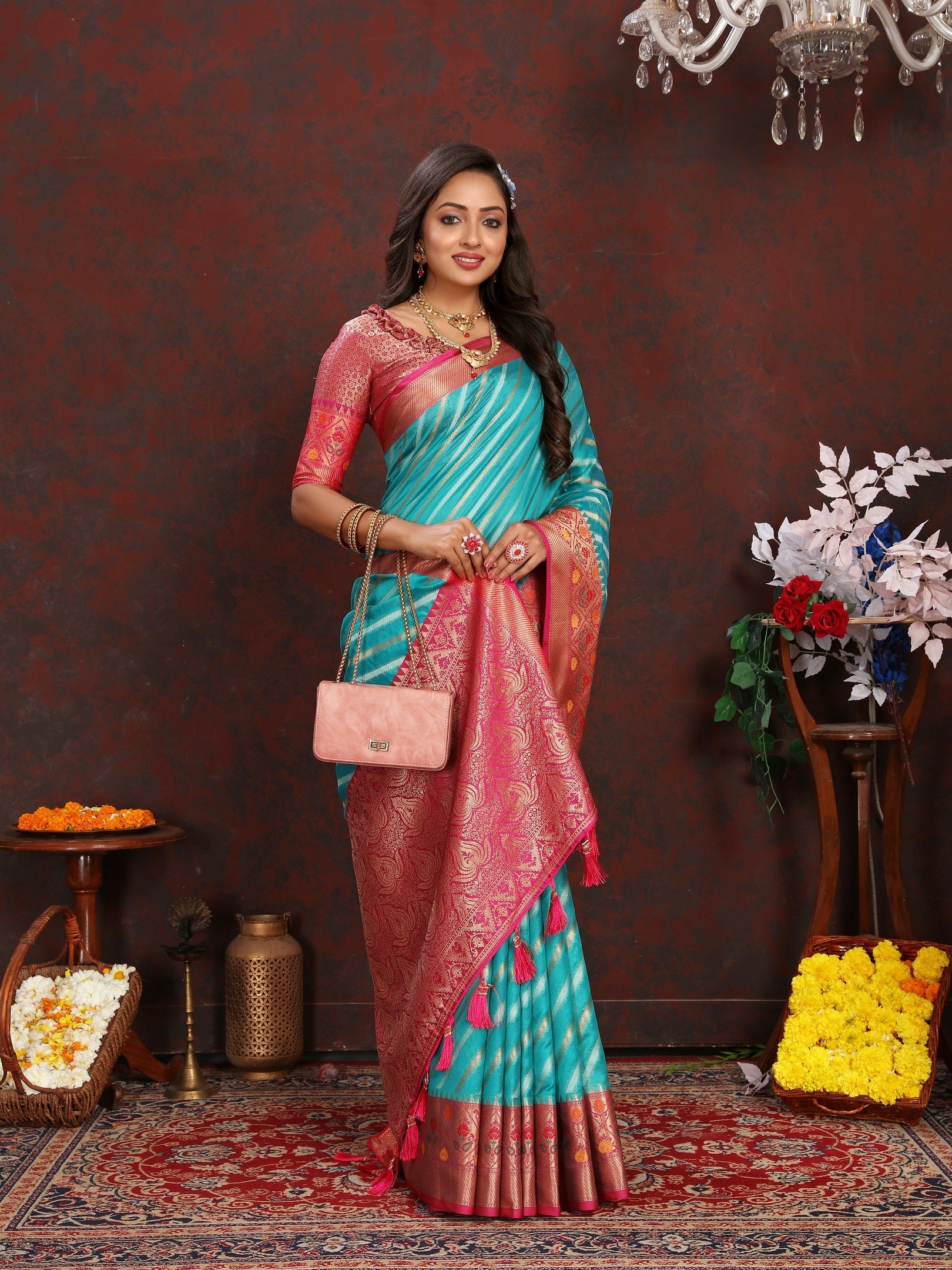 Vedant Vastram Rama Color Kanjeevaram Organza Silk Saree - Rama
