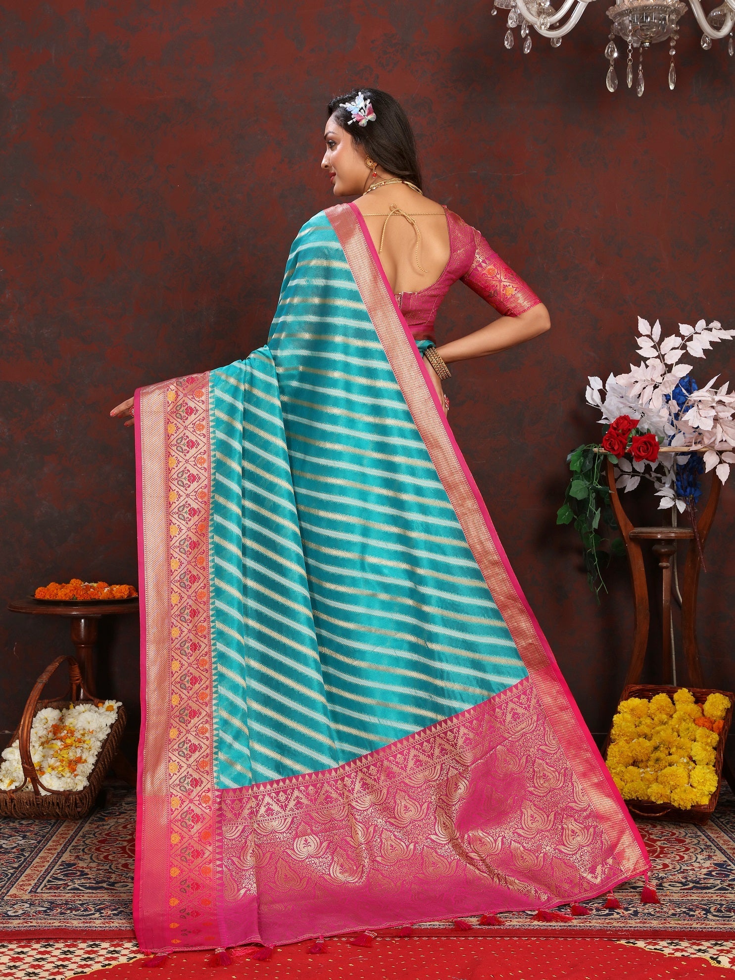 Vedant Vastram Rama Color Kanjeevaram Organza Silk Saree - Rama