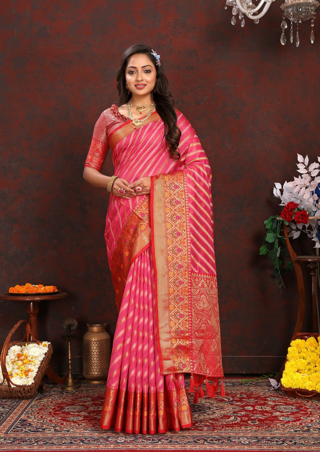Vedant Vastram Tomato Color Kanjeevaram Organza Silk Saree - Tomato