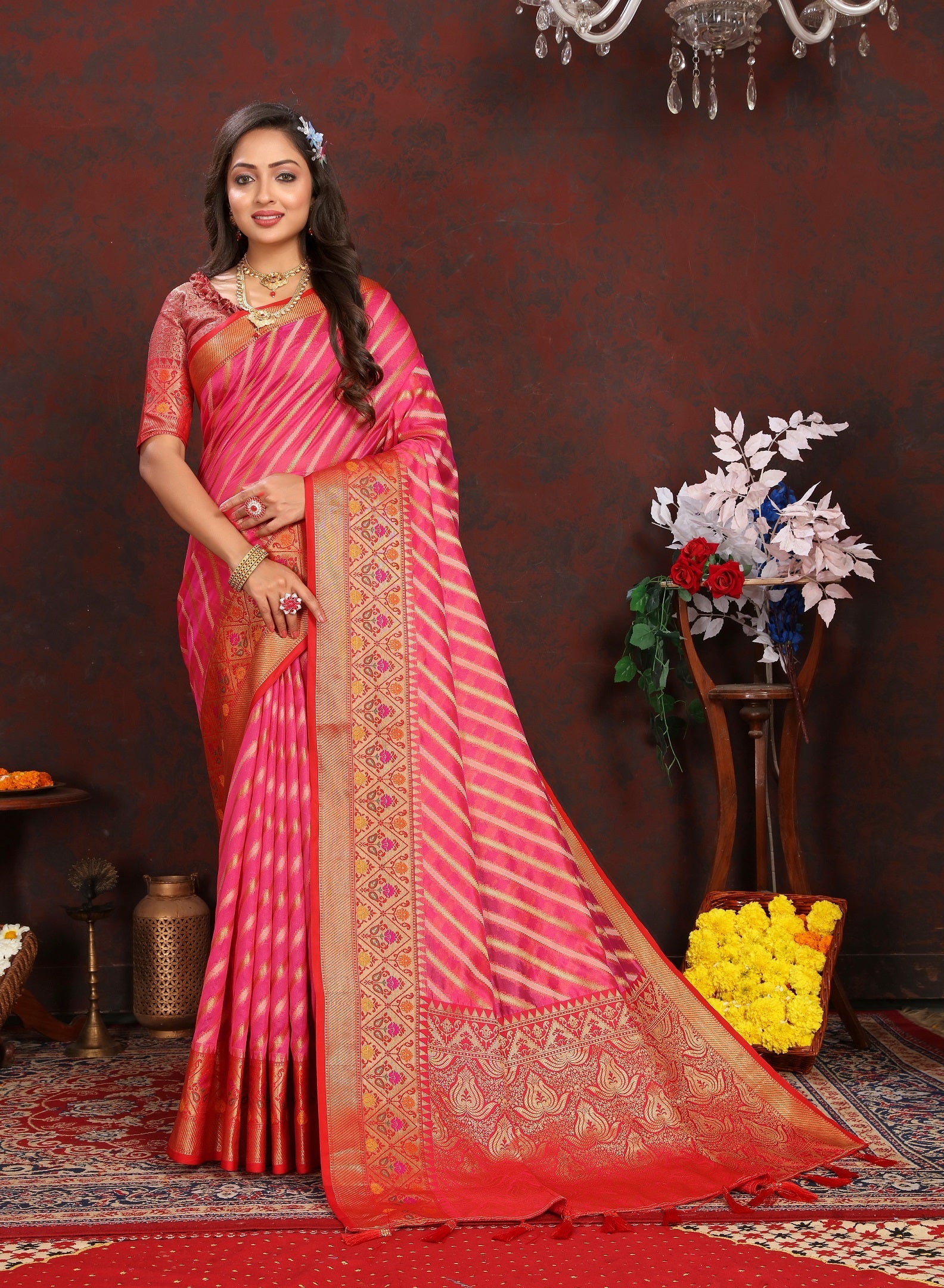 Vedant Vastram Tomato Color Kanjeevaram Organza Silk Saree - Tomato