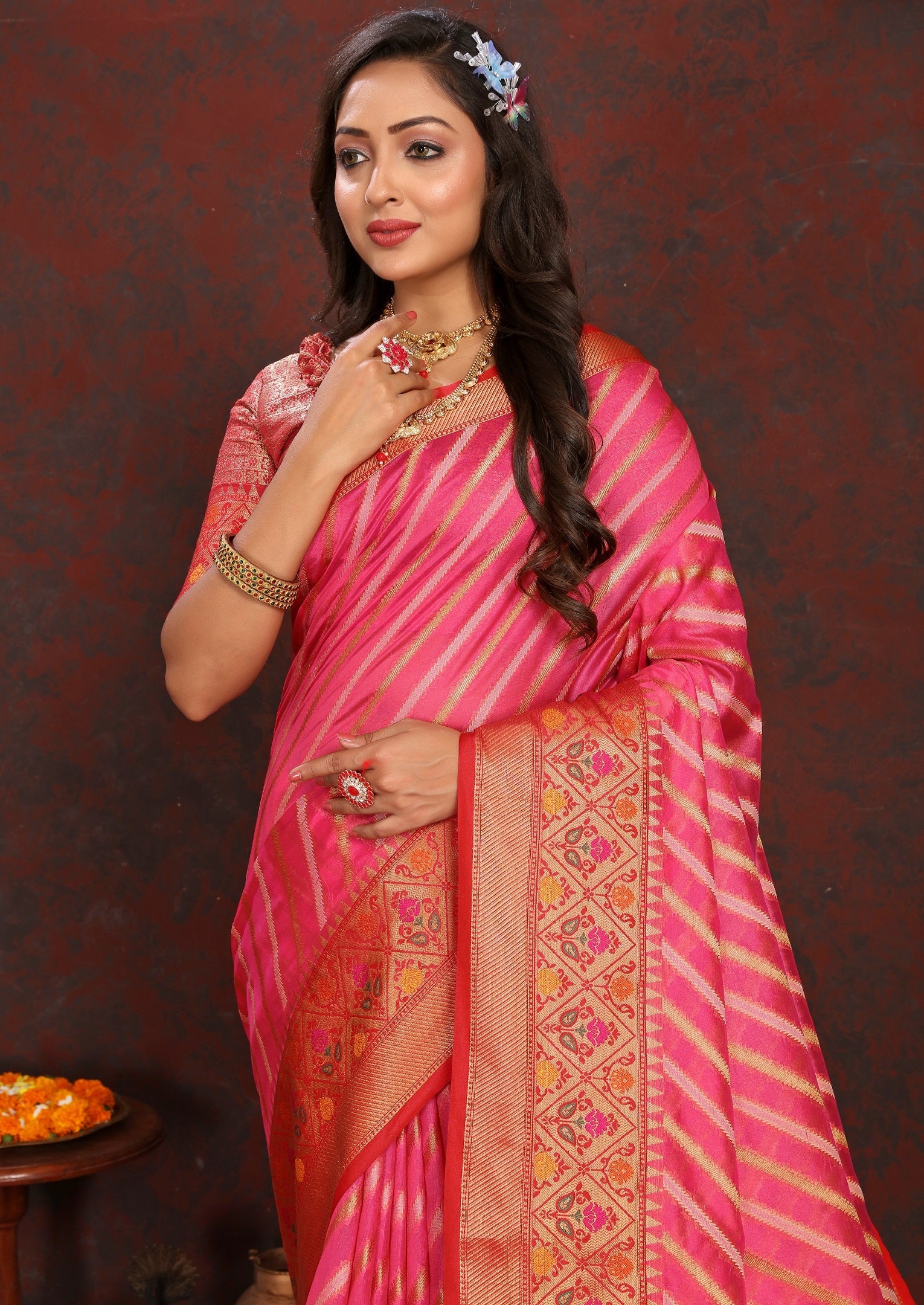Vedant Vastram Tomato Color Kanjeevaram Organza Silk Saree - Tomato