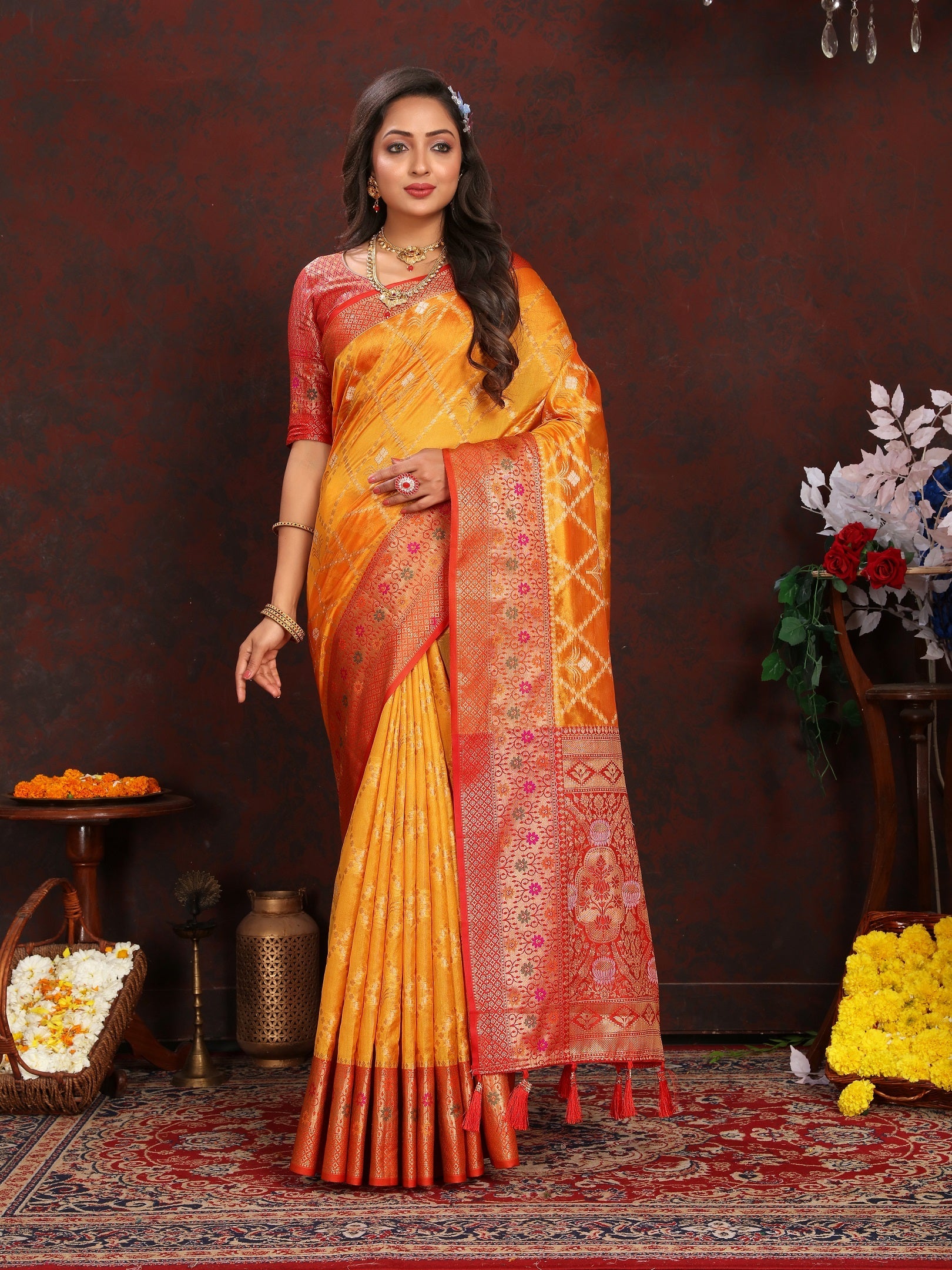 Vedant Vastram Mustard Color Kanjeevaram Organza Silk Saree - Mustard
