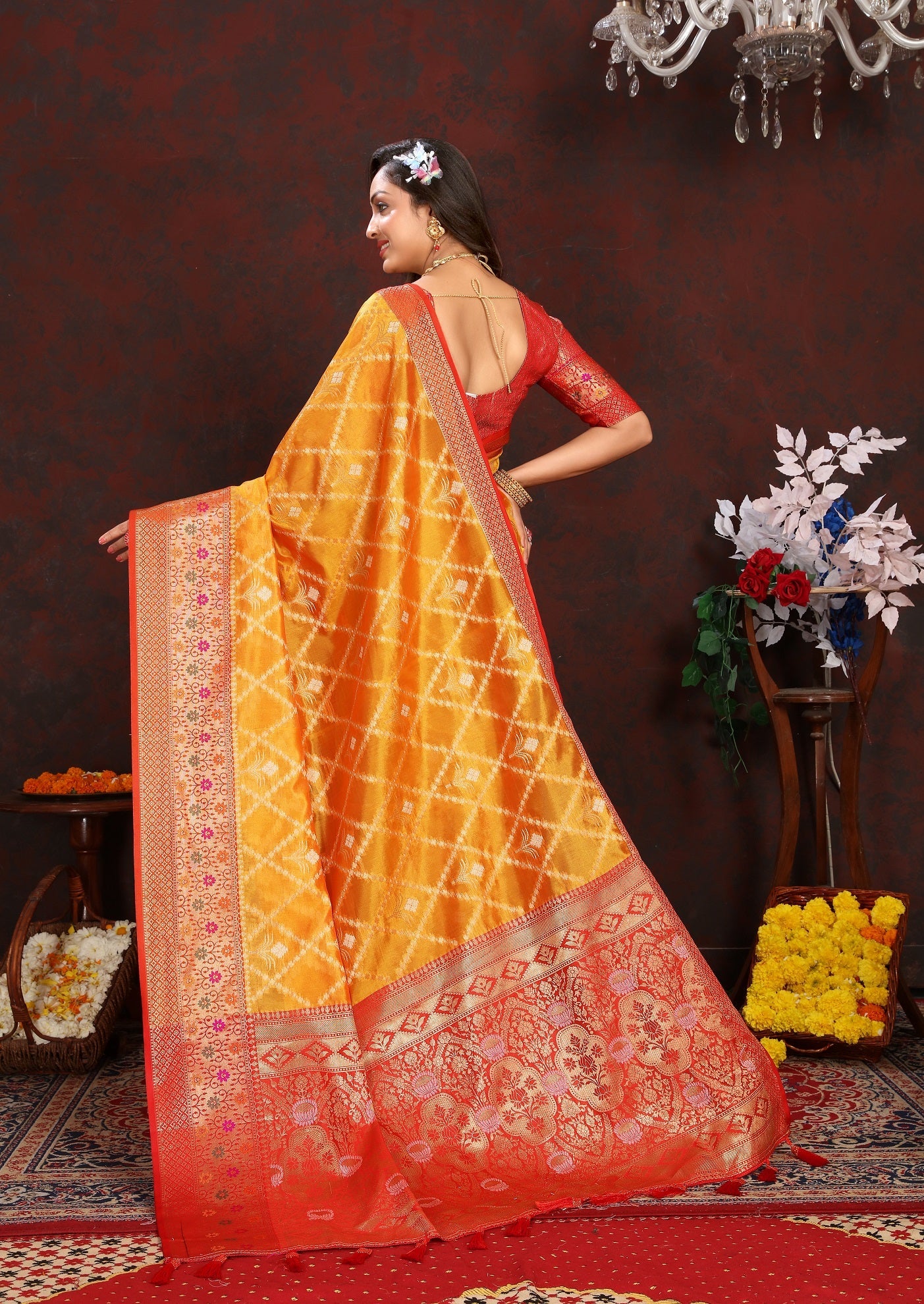 Vedant Vastram Mustard Color Kanjeevaram Organza Silk Saree - Mustard