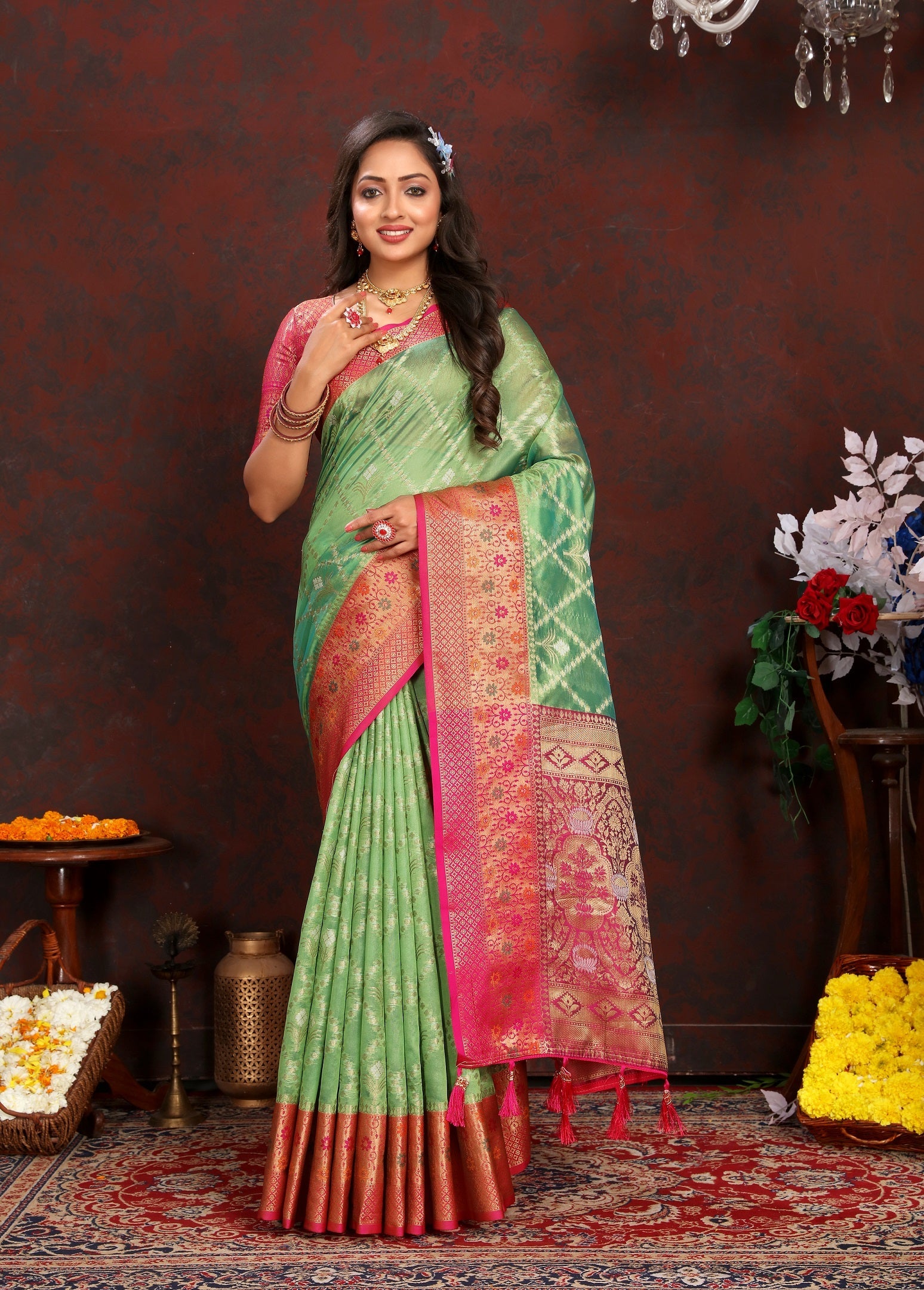 Vedant Vastram Parrot Color Kanjeevaram Organza Silk Saree - Parrot