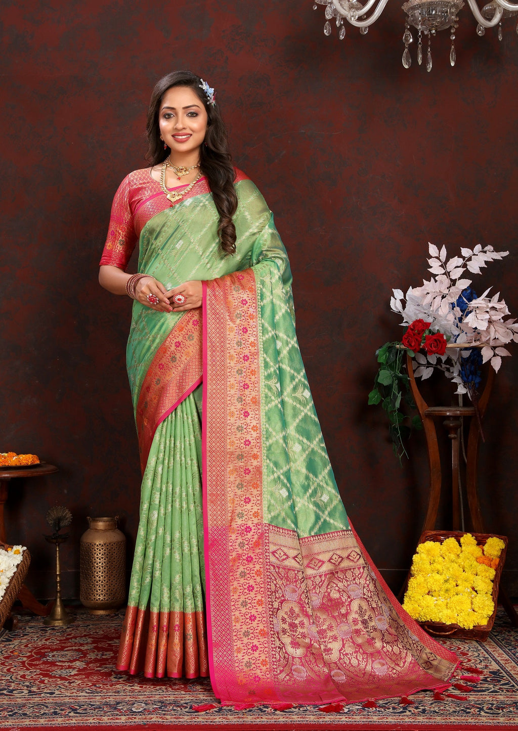 Vedant Vastram Parrot Color Kanjeevaram Organza Silk Saree - Parrot