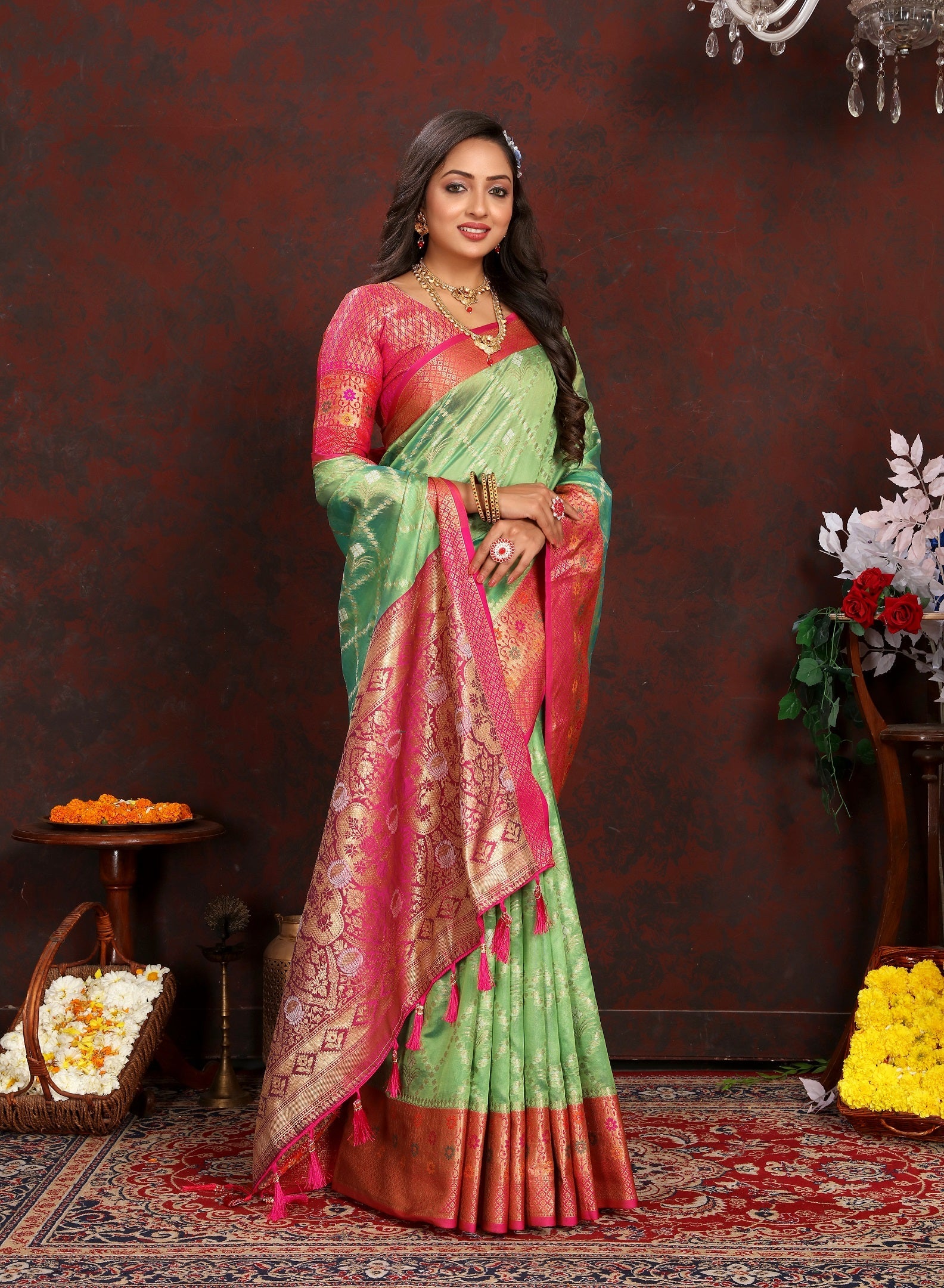 Vedant Vastram Parrot Color Kanjeevaram Organza Silk Saree - Parrot