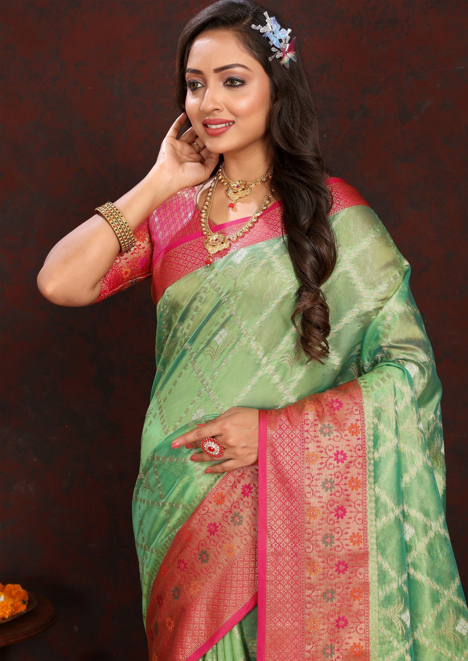Vedant Vastram Parrot Color Kanjeevaram Organza Silk Saree - Parrot