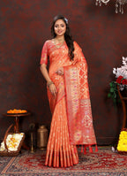 Vedant Vastram Peach Color Kanjeevaram Organza Silk Saree - Peach