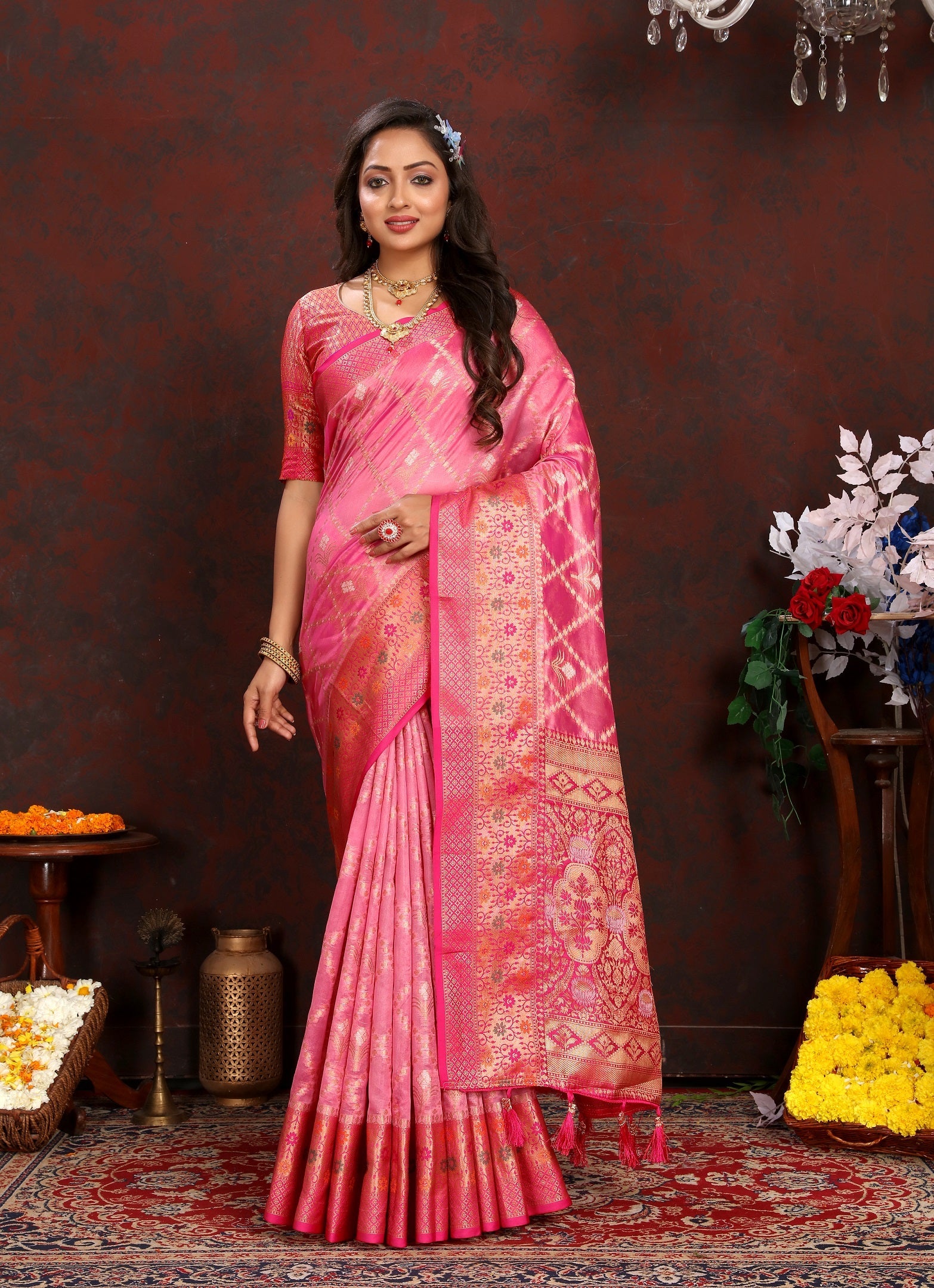 Vedant Vastram Pink Color Kanjeevaram Organza Silk Saree - Pink