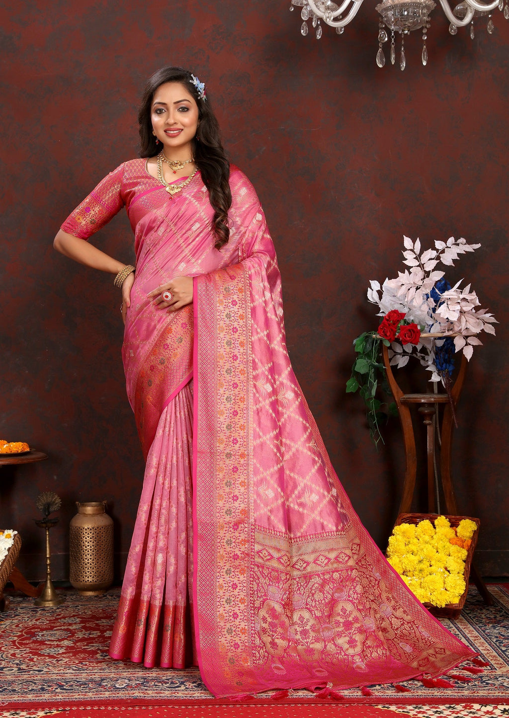 Vedant Vastram Pink Color Kanjeevaram Organza Silk Saree - Pink