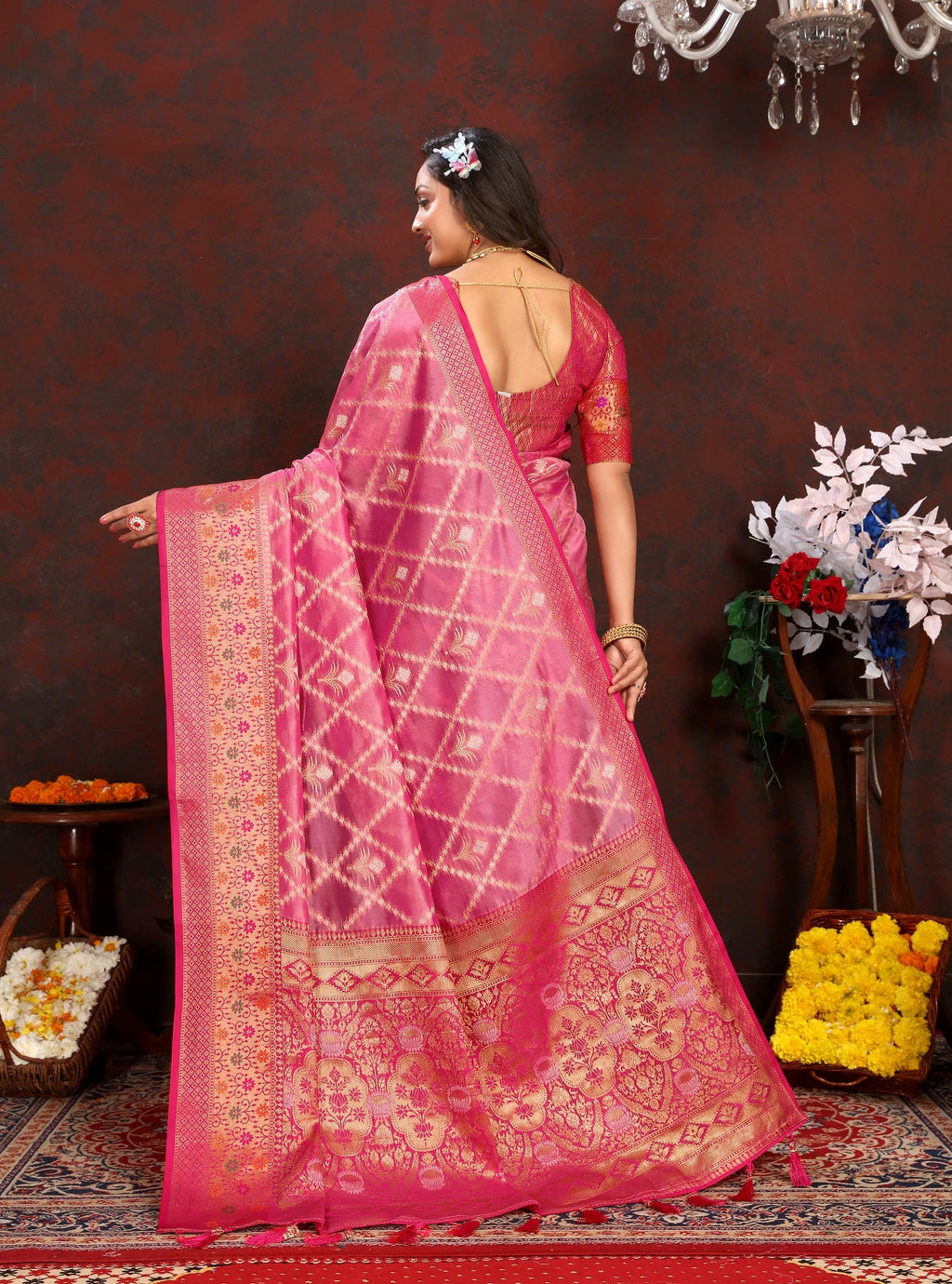 Vedant Vastram Pink Color Kanjeevaram Organza Silk Saree - Pink
