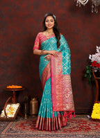 Vedant Vastram Rama Color Kanjeevaram Organza Silk Saree - Rama