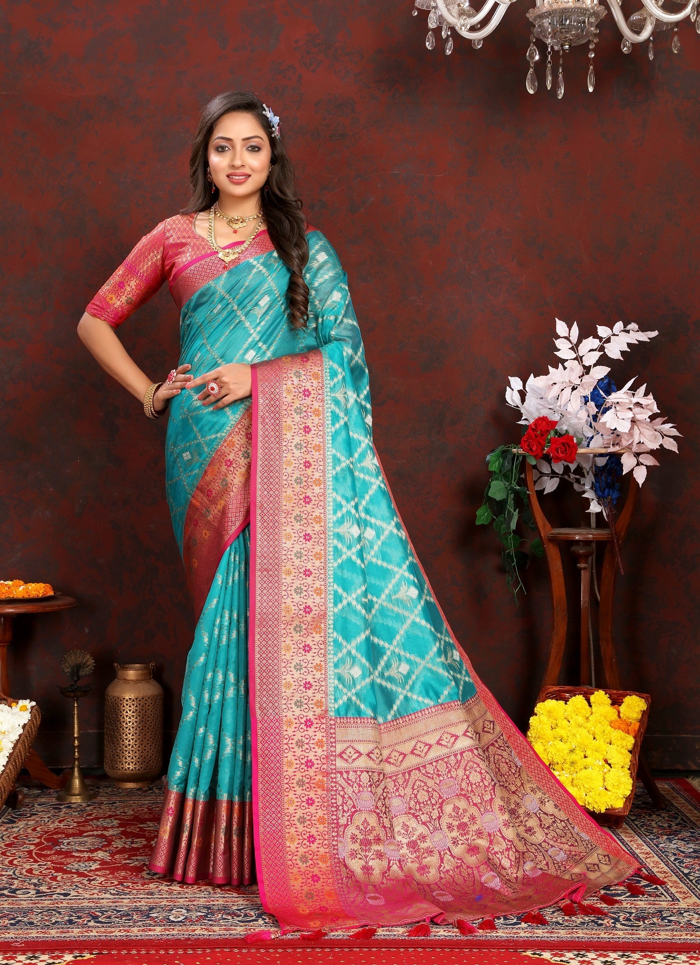 Vedant Vastram Rama Color Kanjeevaram Organza Silk Saree - Rama