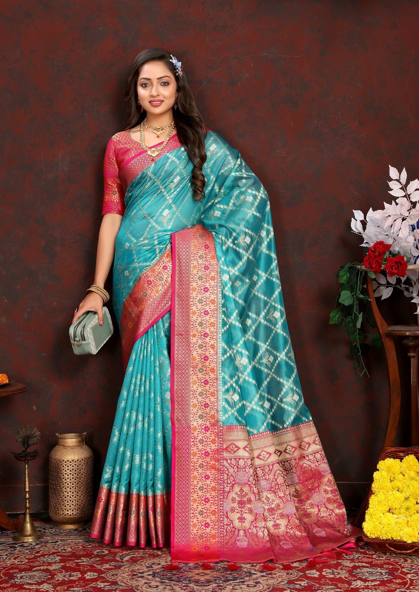 Vedant Vastram Rama Color Kanjeevaram Organza Silk Saree - Rama