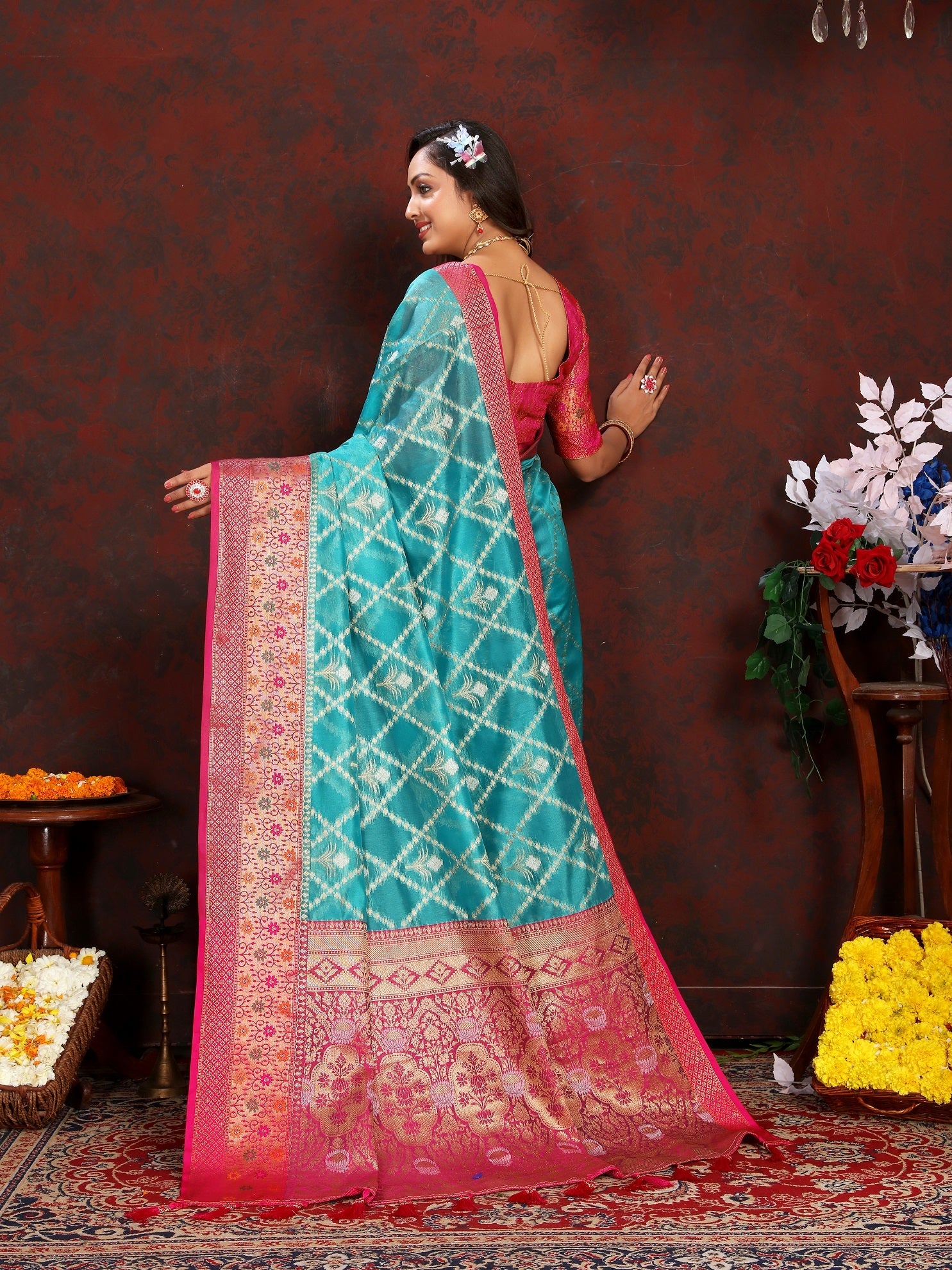 Vedant Vastram Rama Color Kanjeevaram Organza Silk Saree - Rama
