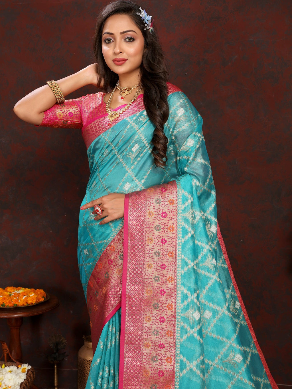 Vedant Vastram Rama Color Kanjeevaram Organza Silk Saree - Rama