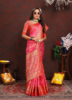 Vedant Vastram Tomato Color Kanjeevaram Organza Silk Saree - Tomato
