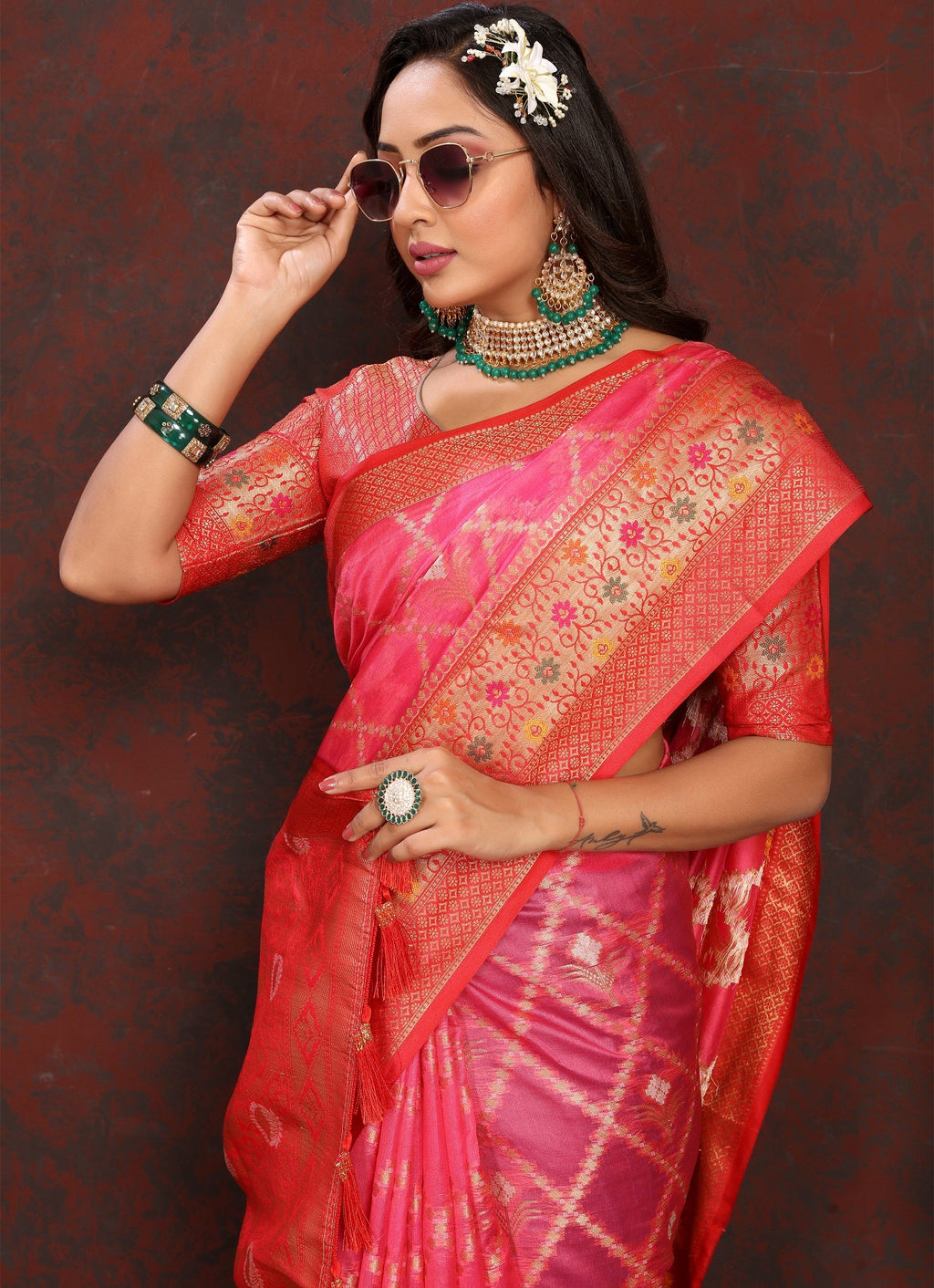 Vedant Vastram Tomato Color Kanjeevaram Organza Silk Saree - Tomato