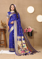 Vedant Vastram Blue Color Paithani Silk Saree - Blue - Distacart