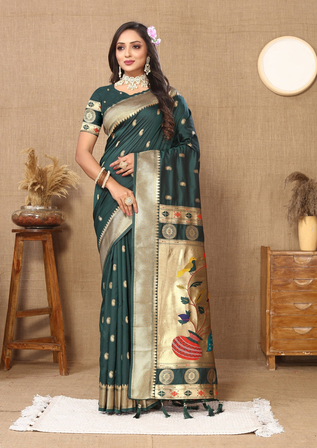 Vedant Vastram Bottle Green Color Paithani Silk Saree - Bottle Green - Distacart