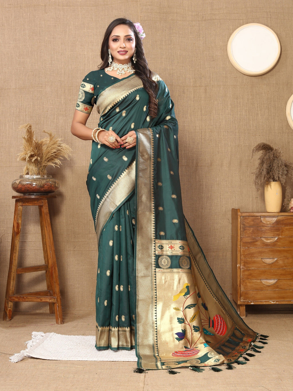 Vedant Vastram Bottle Green Color Paithani Silk Saree - Bottle Green - Distacart