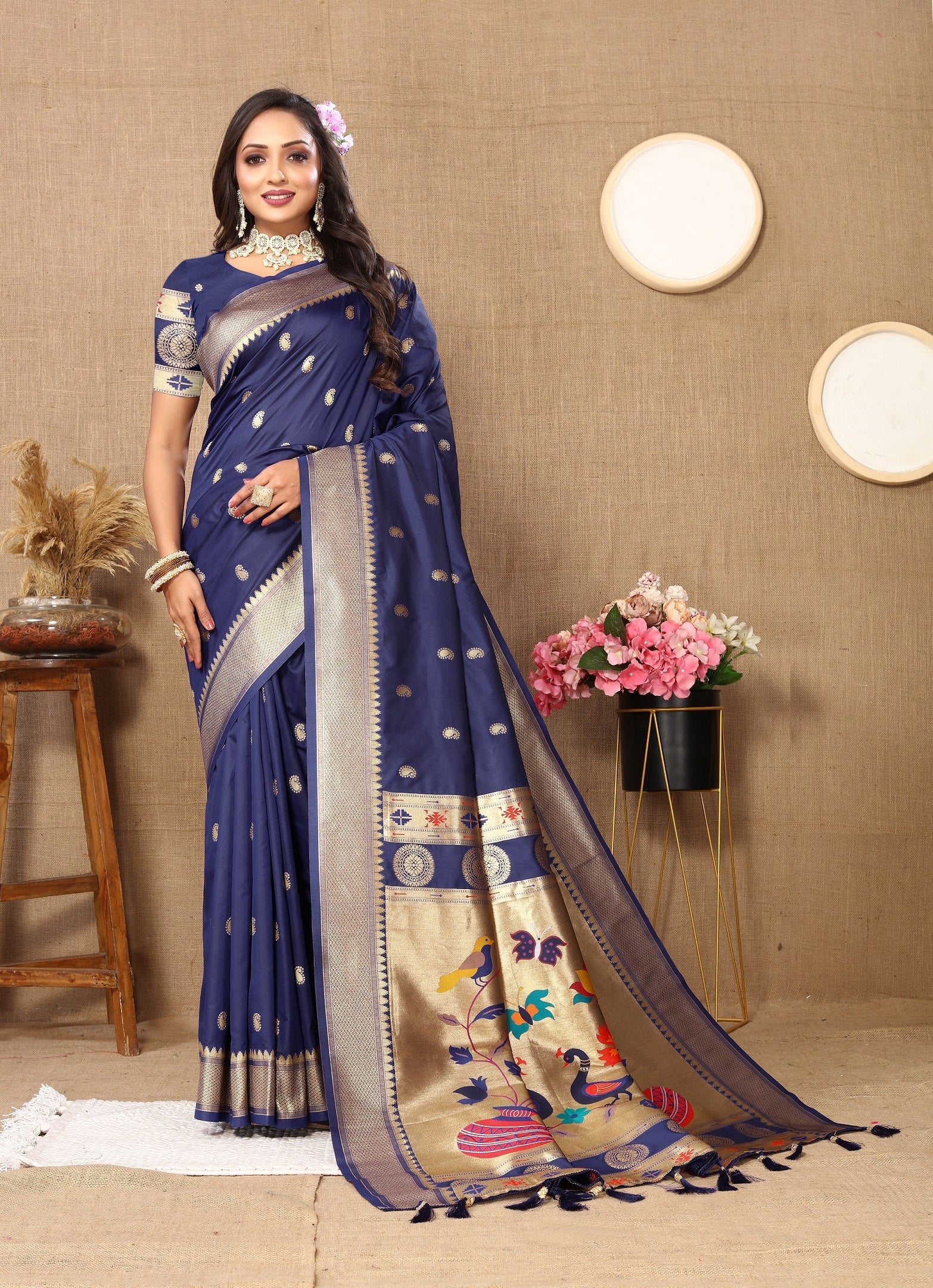 Vedant Vastram Navy Blue Color Paithani Silk Saree - Navy Blue - Distacart