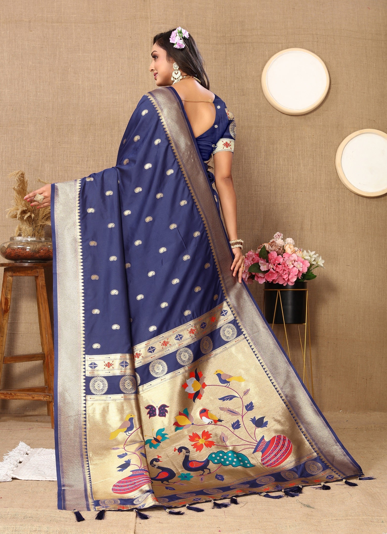 Vedant Vastram Navy Blue Color Paithani Silk Saree - Navy Blue - Distacart