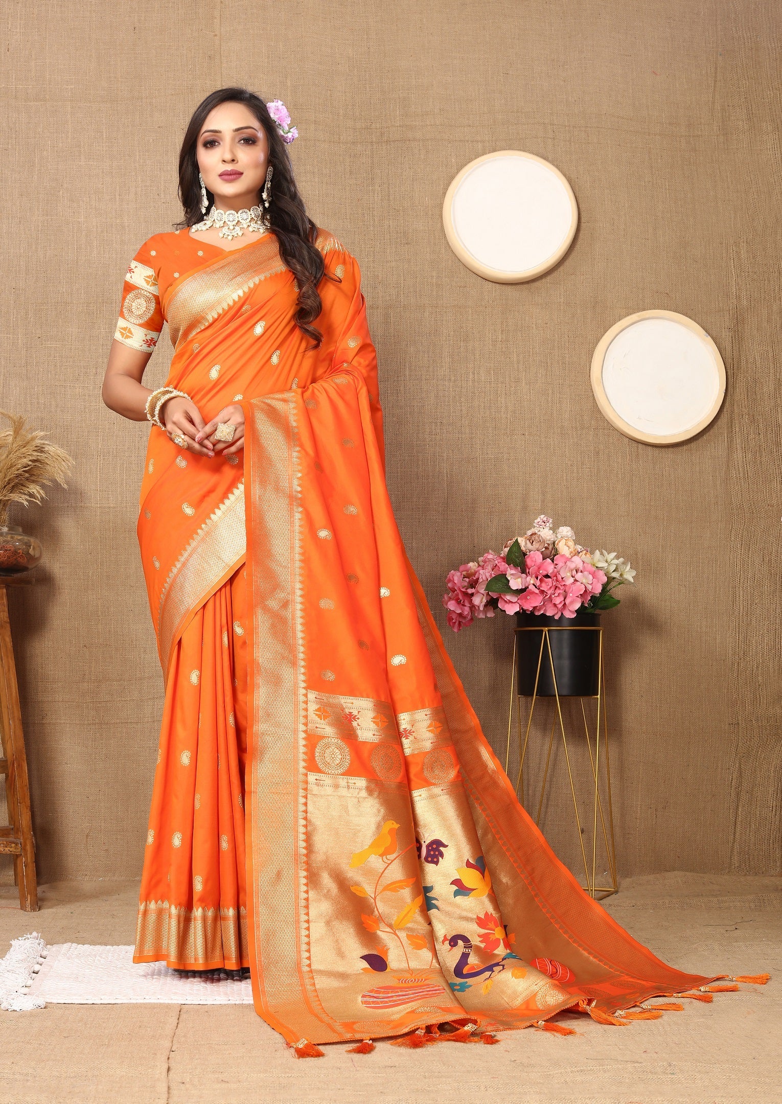 Vedant Vastram Orange Color Paithani Silk Saree - Orange - Distacart