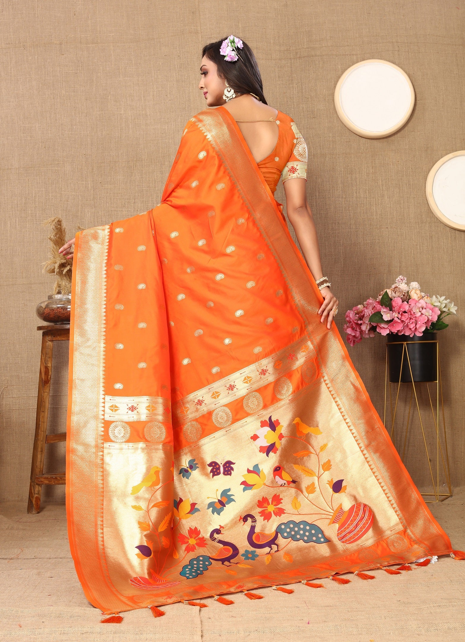Vedant Vastram Orange Color Paithani Silk Saree - Orange - Distacart