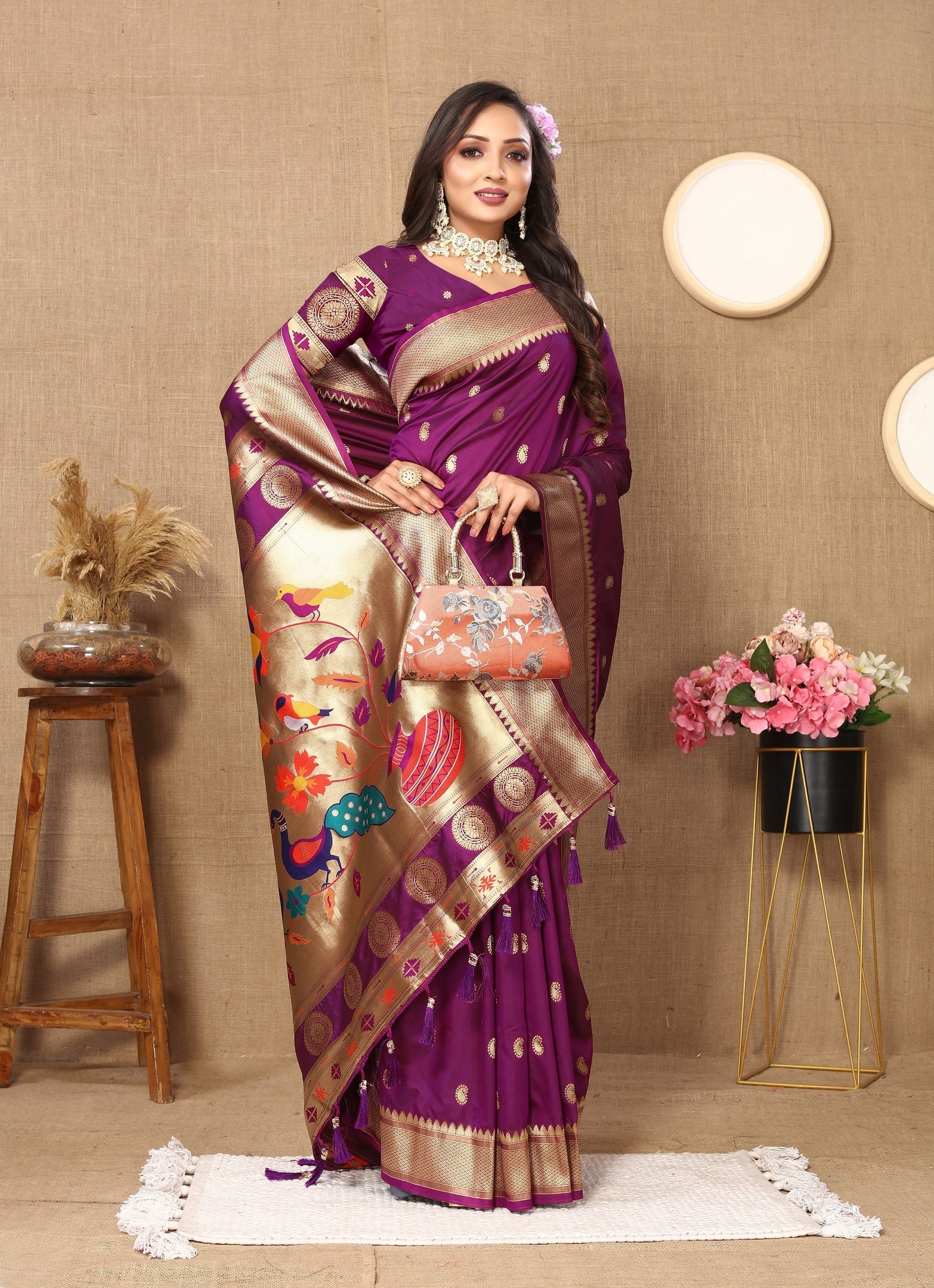 Vedant Vastram Purple Color Paithani Silk Saree - Purple - Distacart