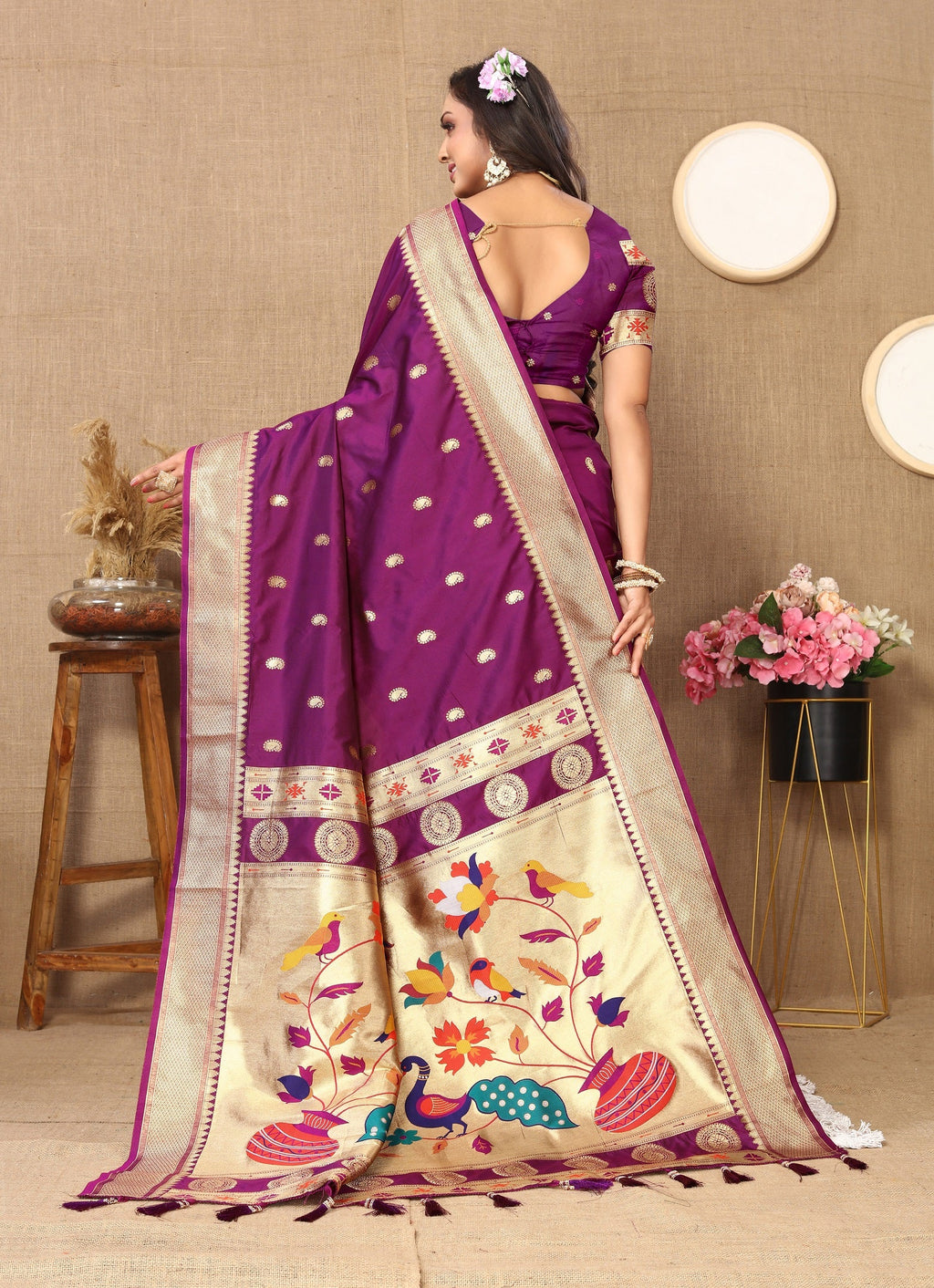 Vedant Vastram Purple Color Paithani Silk Saree - Purple - Distacart