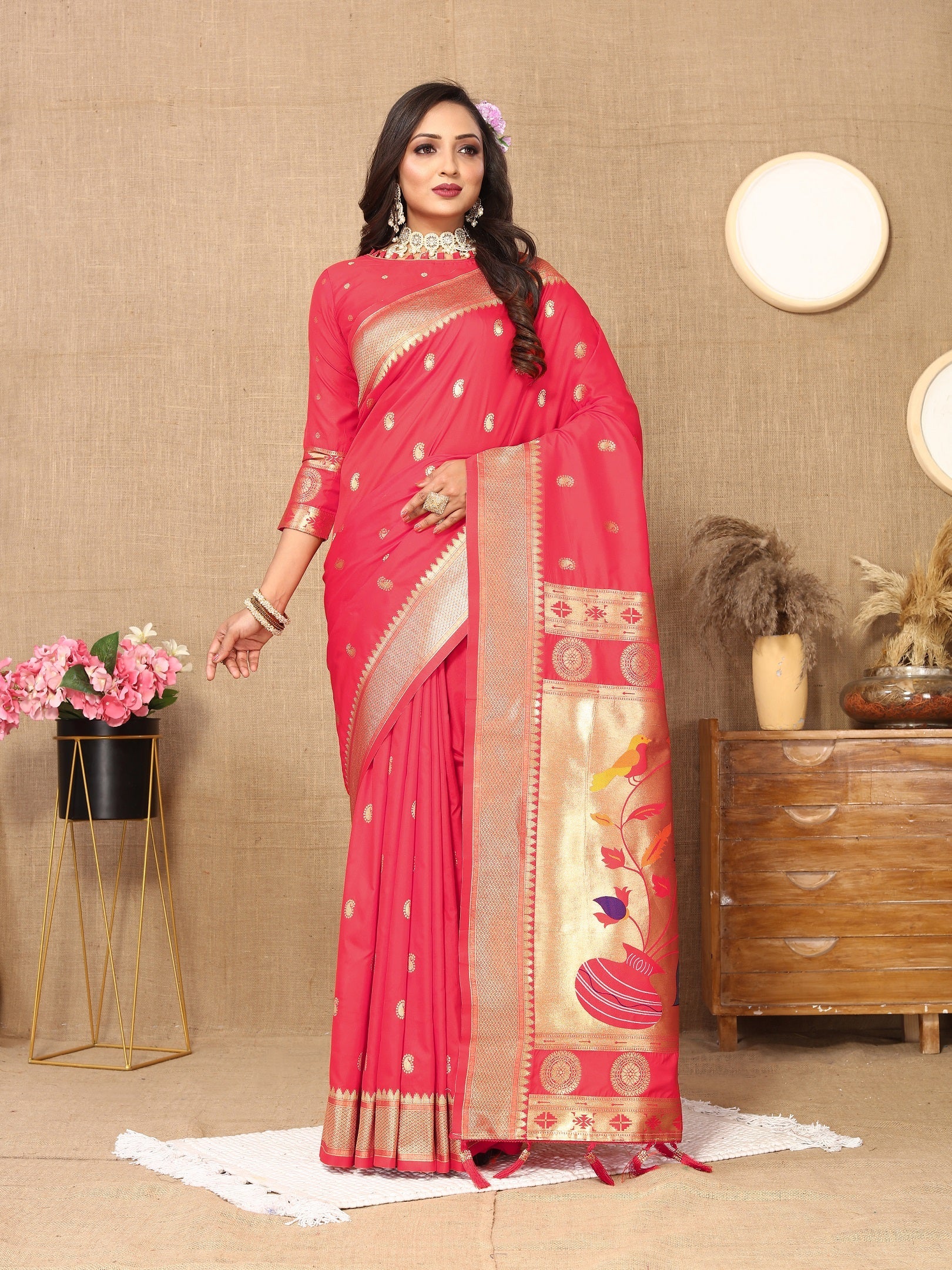 Vedant Vastram Tomato Color Paithani Silk Saree - Tomato - Distacart