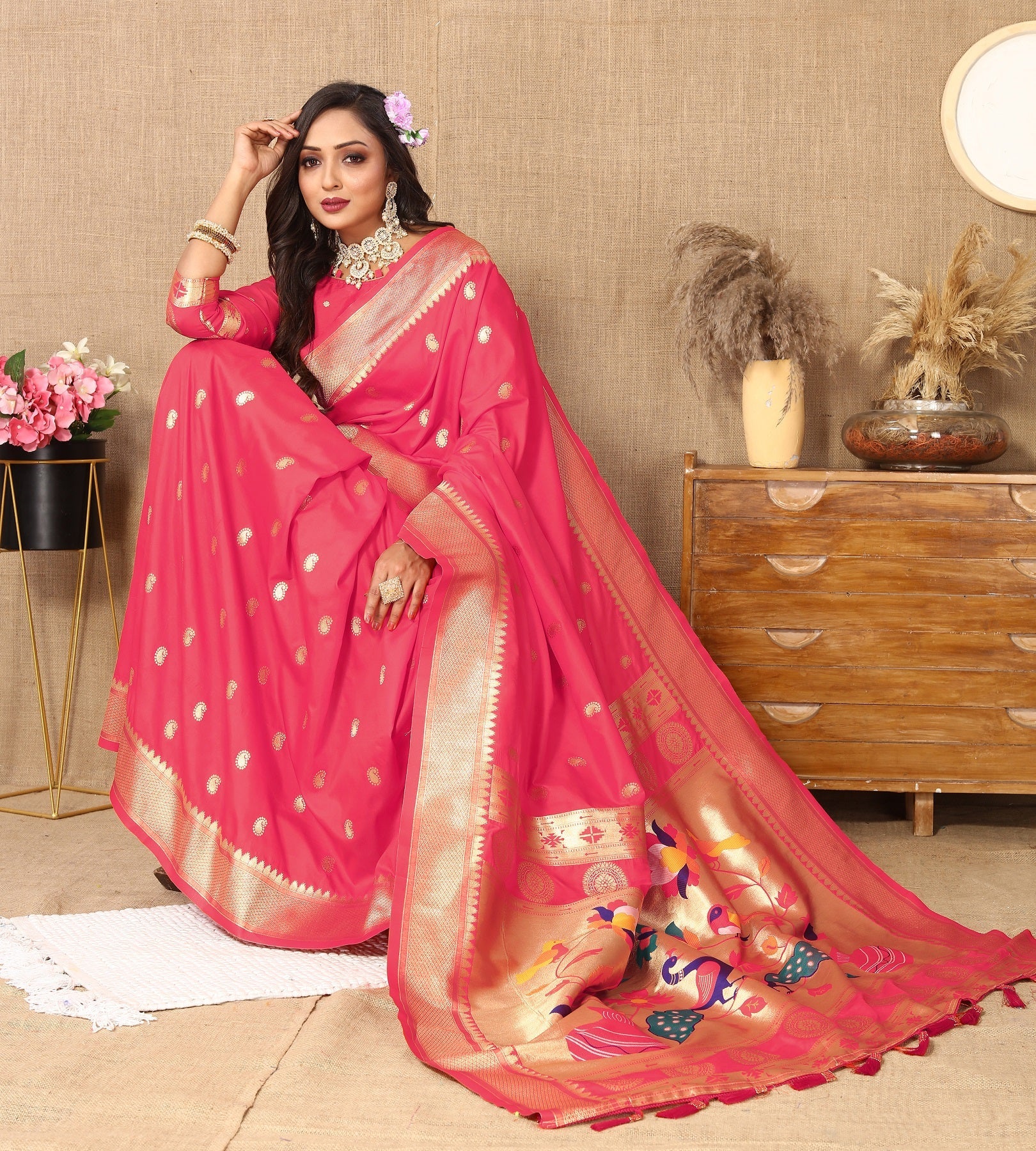 Vedant Vastram Tomato Color Paithani Silk Saree - Tomato - Distacart