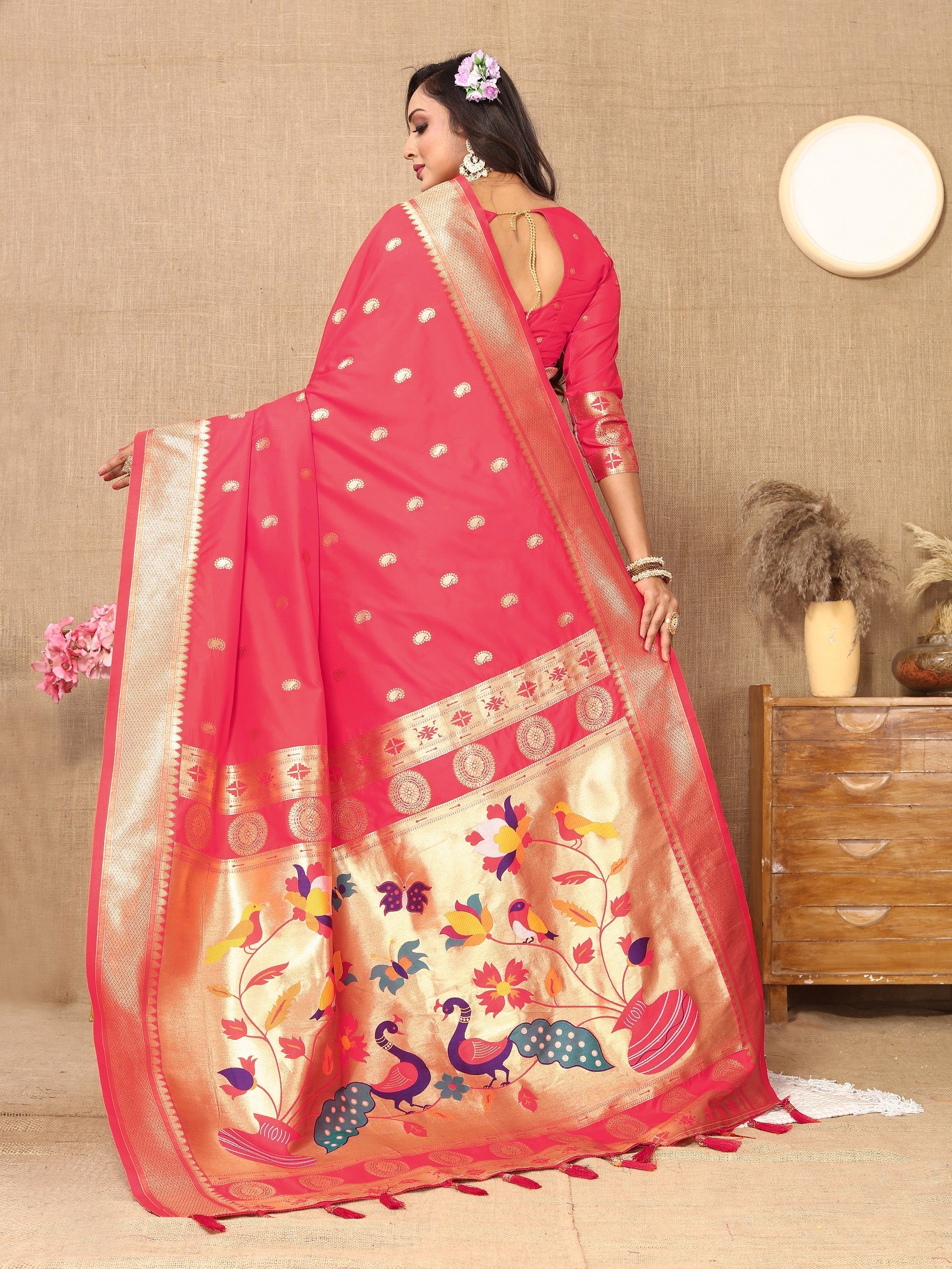 Vedant Vastram Tomato Color Paithani Silk Saree - Tomato - Distacart