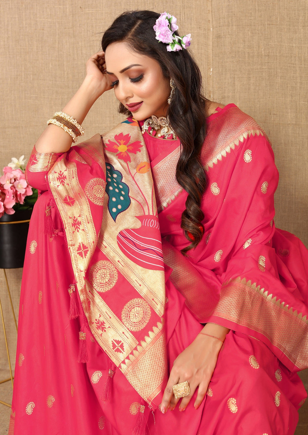 Vedant Vastram Tomato Color Paithani Silk Saree - Tomato - Distacart